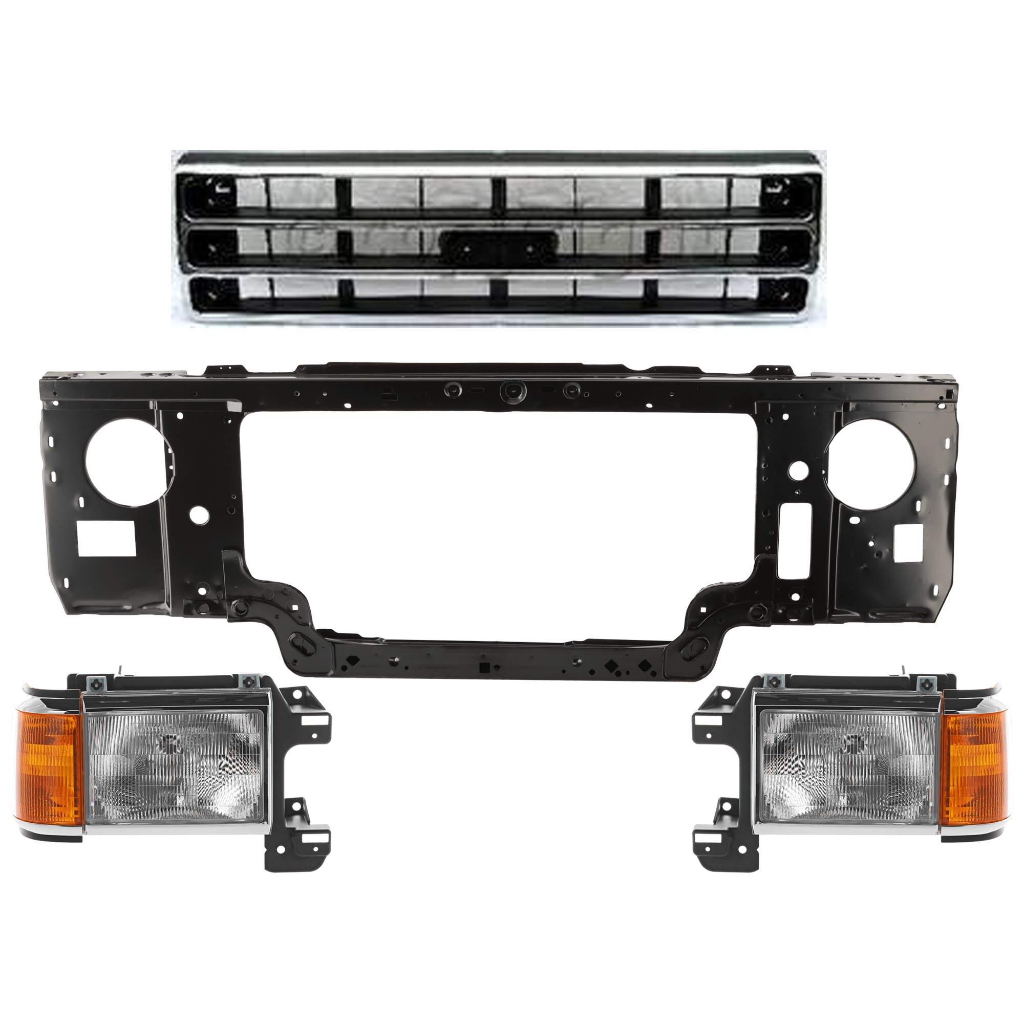 AM F 250 F 350-89-91 RADIATOR SUPPORT 4 pc Kit Assembly with Grille Shell and Insert and Headlight SKU KIT 060626-60 Partslink FO1225124 FO1200141 FO2502105 FO2503105 OEM F1TZ16138F E9TZ8200A E9TZ13008