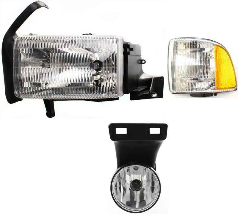 AM DODGE FULL SIZE PICKUP 99-02 HEAD LAMP LH Assembly Halogen 3 pc Kit with Corner Light and Fog Light SKU KIT 060717-26 Partslink CH2520119 CH2592120 OEM 55054781AF PFM 55054781AH 5505