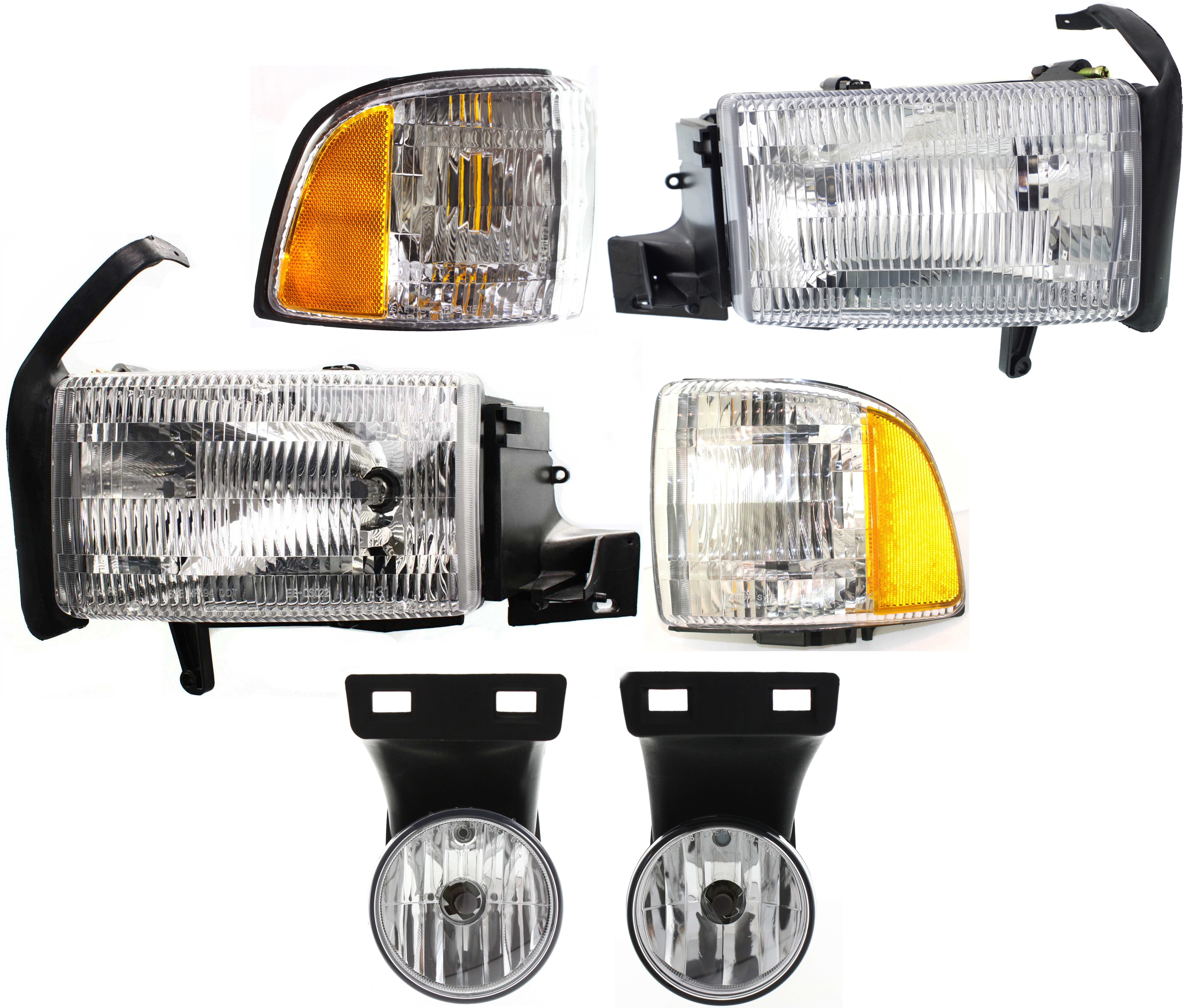 AM DODGE FULL SIZE PICKUP 99-02 HEAD LAMP RH AND LH Assembly Halogen 6 pc Kit with Corner Lights and Fog Lights SKU KIT 060717-27 Partslink CH2520119 CH2521119 CH2592120 CH2593120 OEM 55054780AH PFM 55054781AF PFM