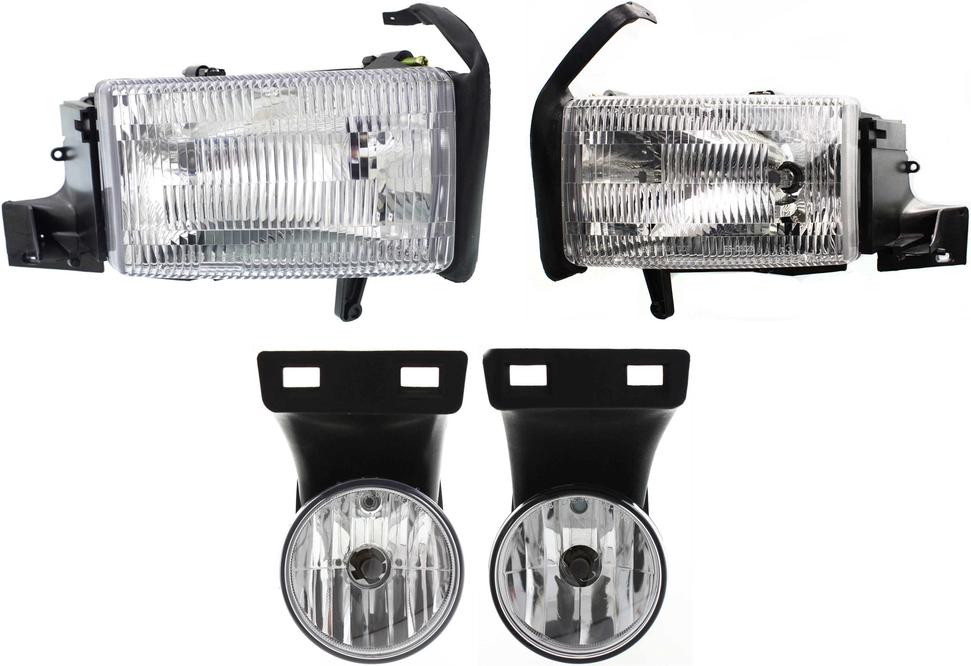 AM DODGE FULL SIZE P U 99-02 HEAD LAMP RH AND LH Assembly Halogen 4 pc Kit with Fog Lights SKU KIT 060717-32 Partslink CH2592120 CH2593120 OEM 55054780AH PFM 55054781AF PFM