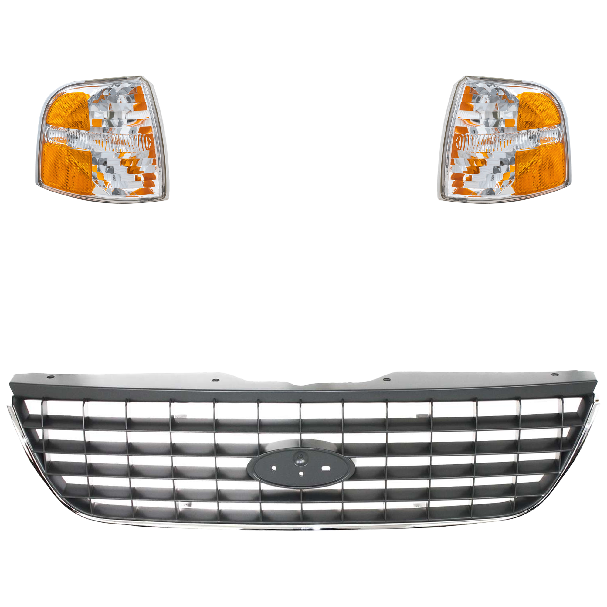 AM EXPLORER 02-04 GRILLE 3 pc Kit Gray Shell and Insert with Chrome Molding with Corner Light SKU KIT 060724-02 Partslink FO1200396 FO2520167 FO2521167 OEM 1L2Z8200AAB 1L2Z8200AAA 1L2Z82