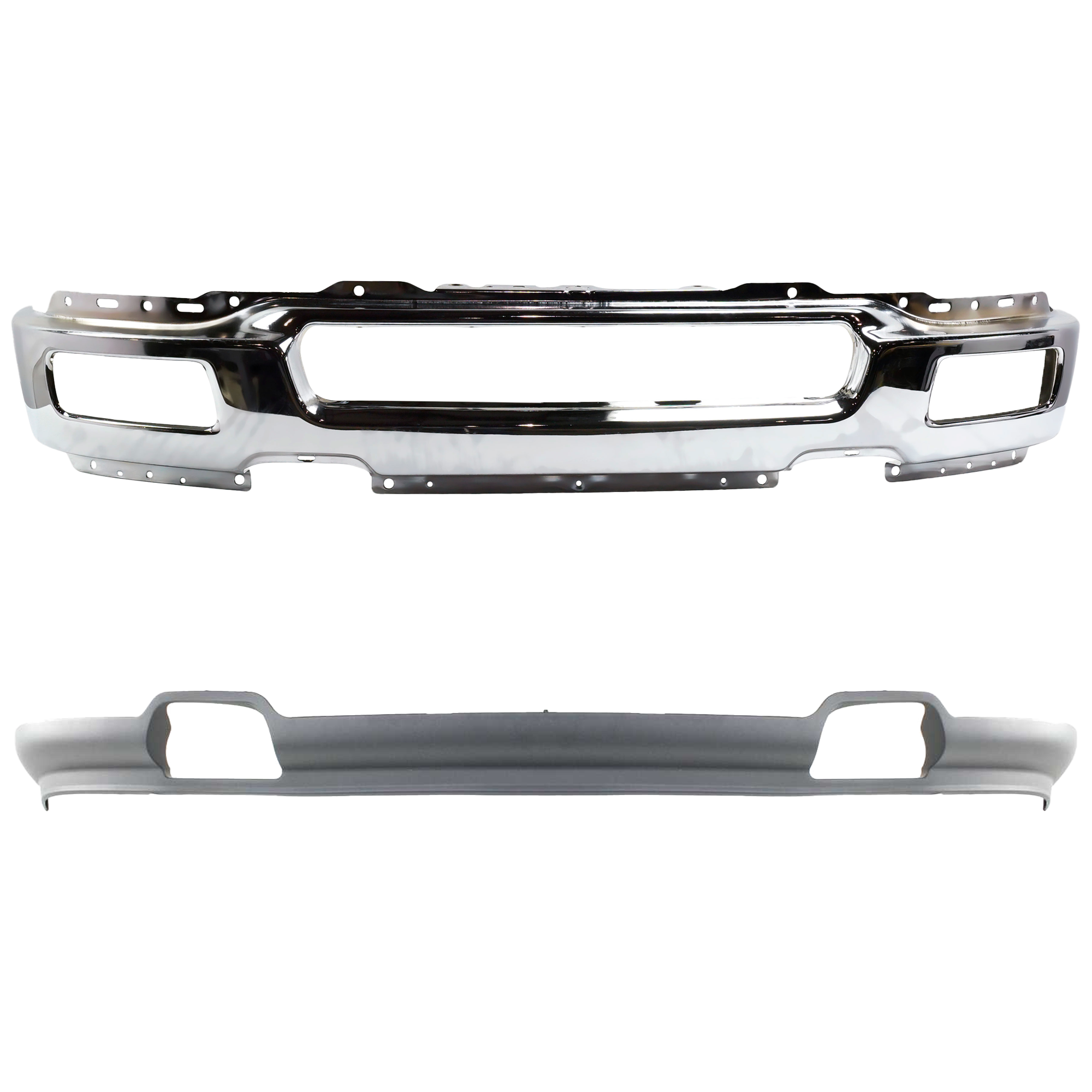 AM F 150-04-05 FRONT BUMPER 2 pc kit Face Bar Chrome with Fog Light Holes New Body Style To 11-29-04 with Valance SKU KIT 060724-04 Partslink FO1002390 FO1095206 OEM 4L3Z17757BA 4L3Z17626BAB
