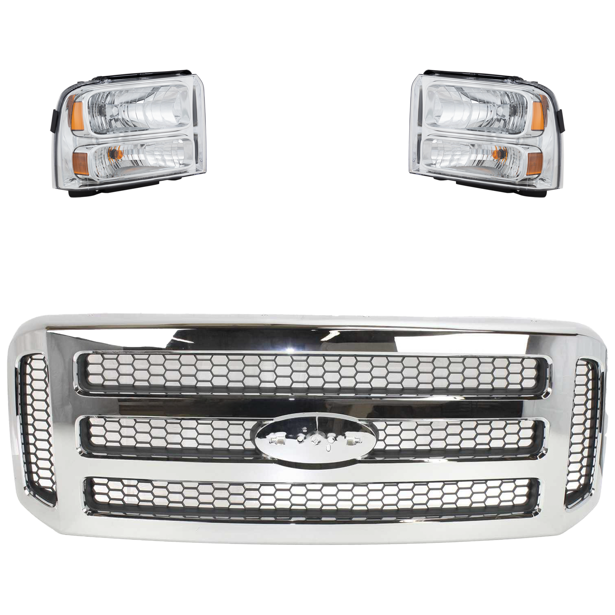 AM EXCURSION 05-05 F SERIES SUPER DUTY 05-07 GRILLE 3 pc Kit Chrome Shell Painted Gray Insert with Headlight SKU KIT 060724-23 Partslink FO1200456 FO2502217 FO2503217 OEM 6C3Z8200BC 5C3Z8200BAA 6C3Z130