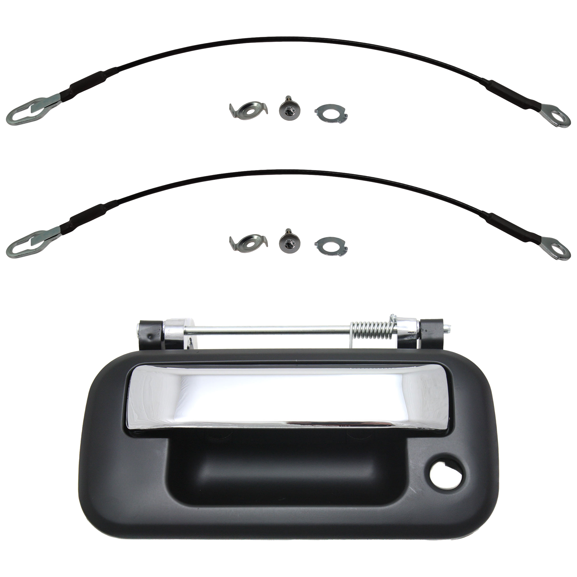 AM F 150-04-14 AMRK LT 06-08 TAILGATE HANDLE Chrome Primed w Key Hole w o Camera hole w o Camera hole 3 pc Kit with Tailgate Cable SKU KIT 060724-27 Partslink FO1915112 FO1921102 FO1920102 OEM 8L3Z9943400DB 4L3Z5443052AA 4L