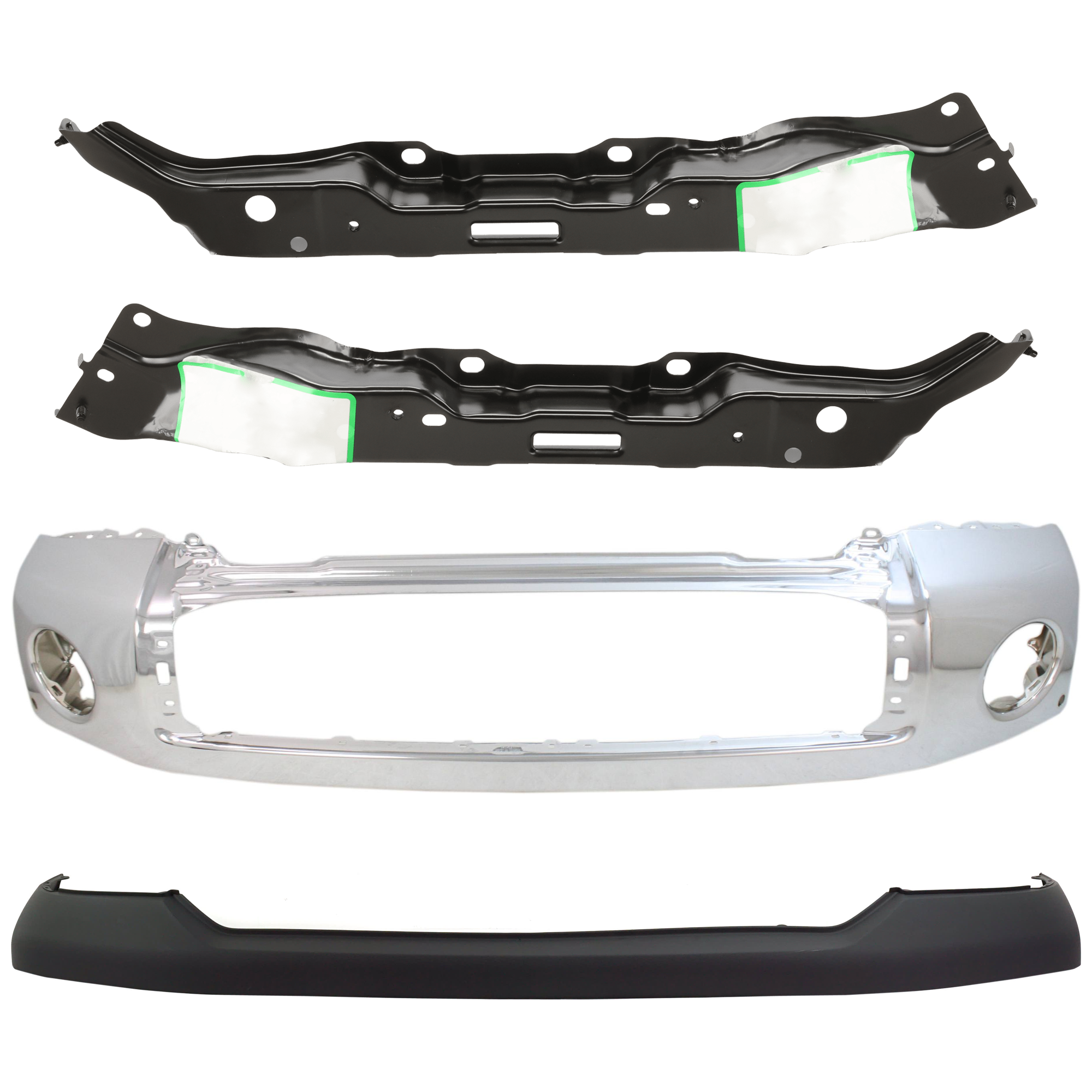 AM TUNDRA 07-13 FRONT BUMPER 4 pc kit Steel Chrome with Park Assist Sensor Holes Excludes Limited Model with Bumper Cover and Bumper Retainer SKU KIT 060724-31 Partslink TO1002181 TO1014100 TO1032108 TO1033108 OEM 521110C901-521290C901-525380C0