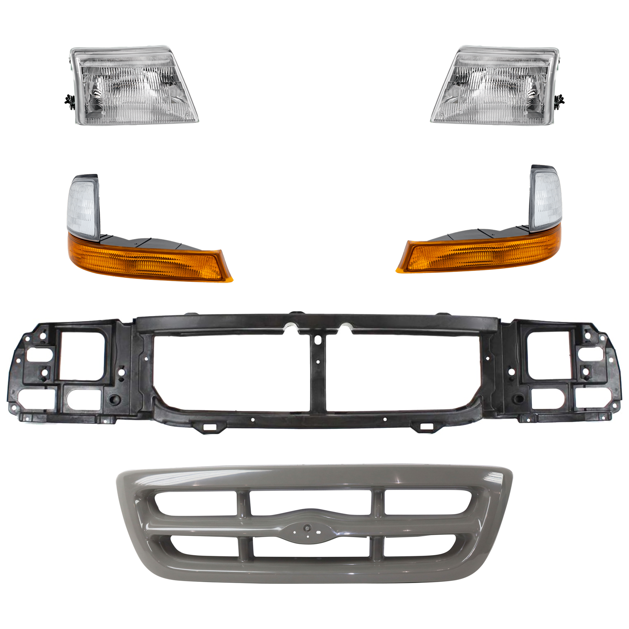AM RANGER 98-00 HEADER PANEL 6 pc Kit Thermoplastic and Fiberglass with Corner Light and Grille Assembly SKU KIT 060724-39 Partslink FO1220215 FO2520144 FO2521144 FO1200344 FO2502151 FO2503151 OEM XL5Z8A284AA F87Z13201BA XL5Z13