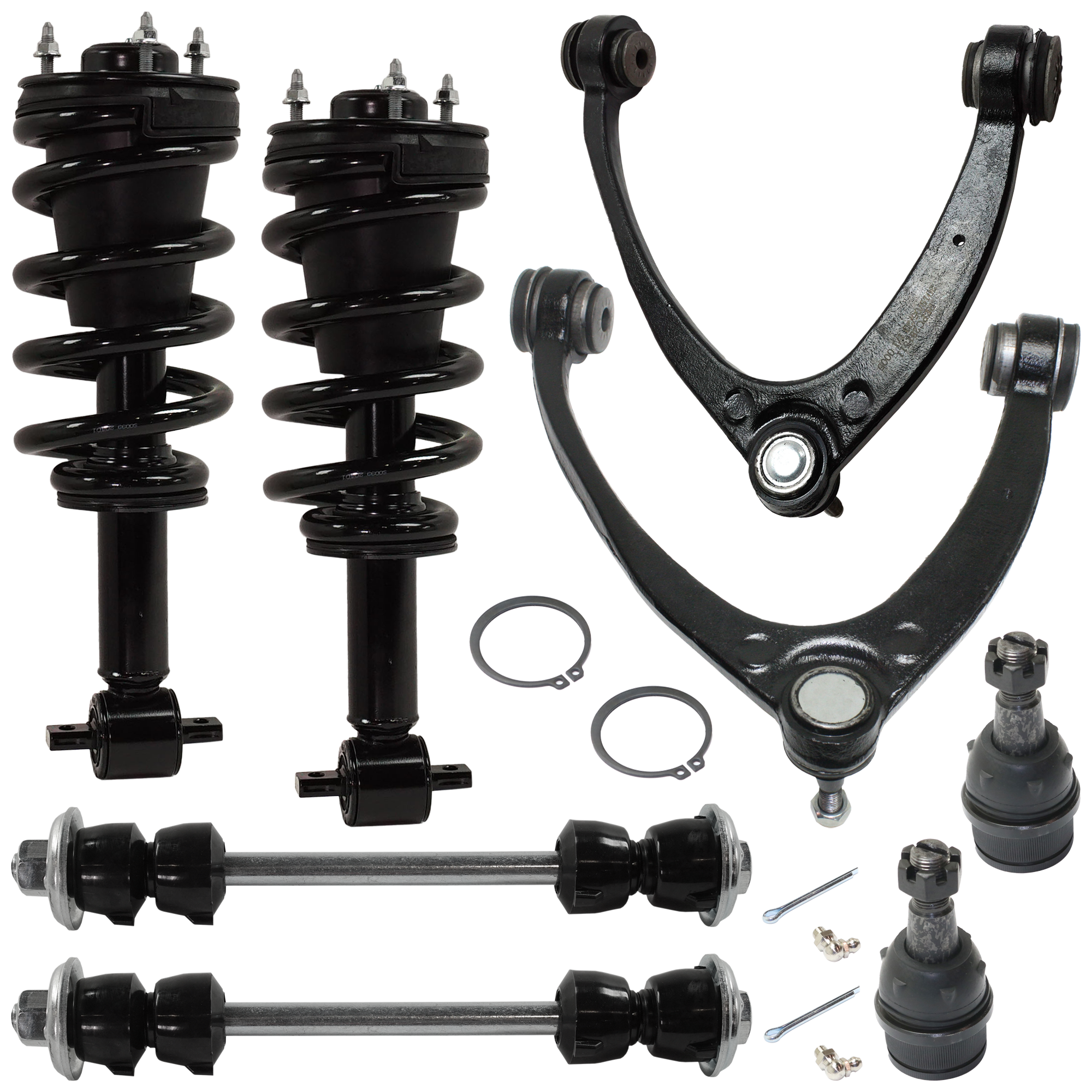 AM SILVERADO SIERRA 1500-07-13 FRONT SUSPENSION KIT RH AND LH 8 pc kit with Ball Joint Control Arm Shock Absorber and Strut Assembly and Sway Bar Link SKU KIT 060724-49 OEM 104327-2601528-5051272-1247281