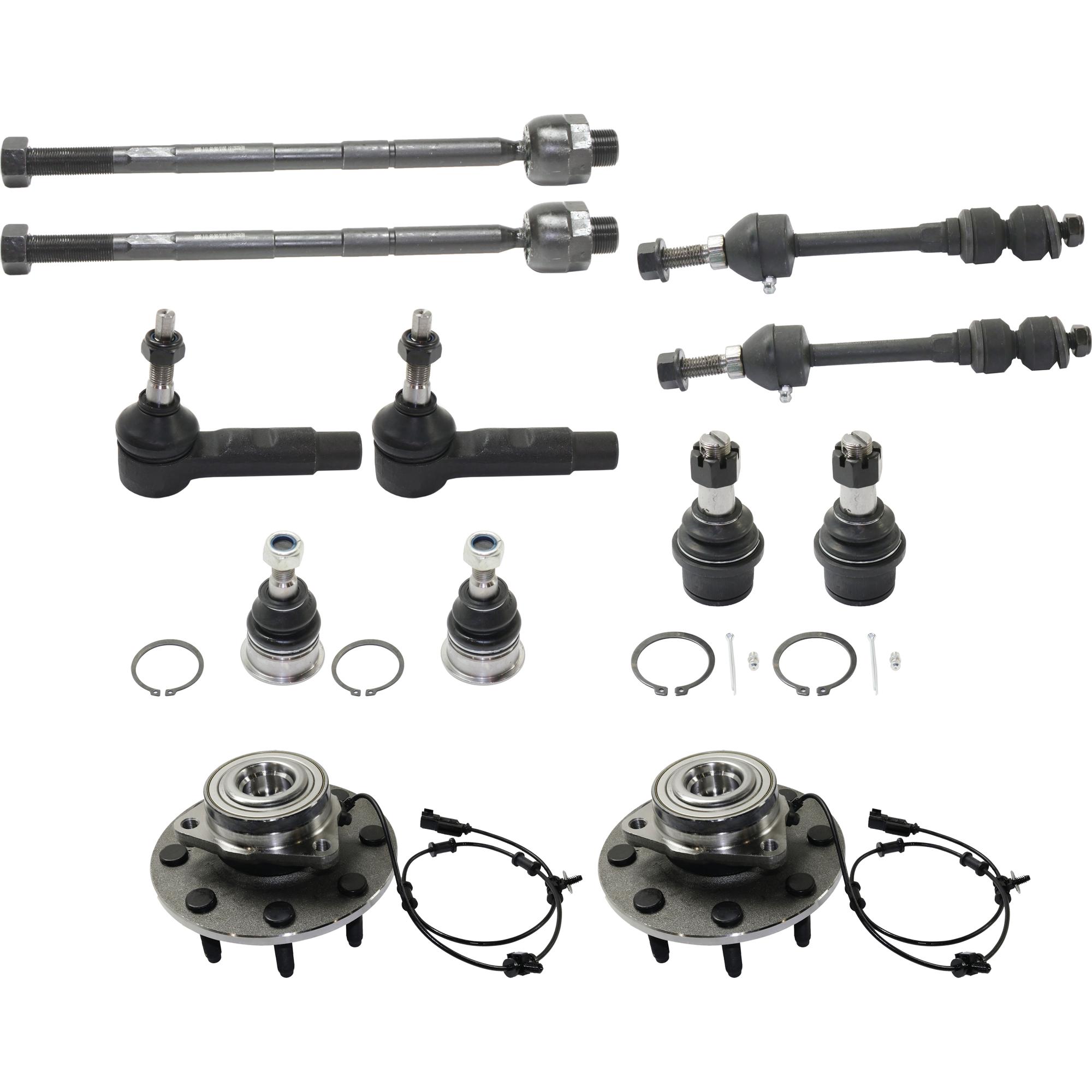 AM RAM FULLSIZE PICKUP 06-08 FRONT SUSPENSION KIT RH AND LH 12 pc kit with Ball Joint Sway Bar Link Tie Rod End and Wheel Hub SKU KIT 060724-73 OEM 05086980AD 05170824AD 2601669