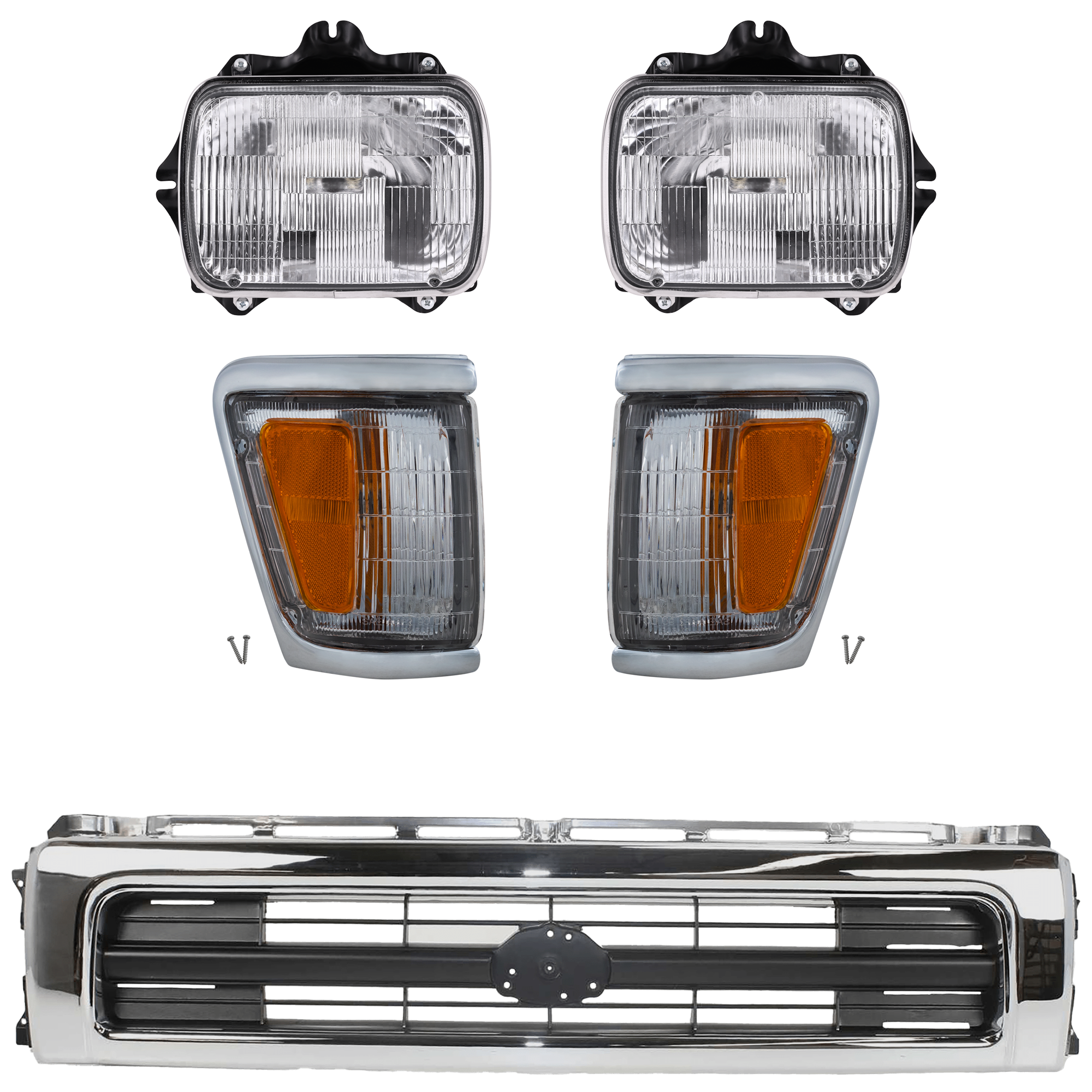 AM TOYOTA PICKUP 92-95 HEAD LAMP RH AND LH 5 pc kit Assembly Halogen with Sealed Beam with Corner Light and Grille Assembly SKU KIT 060724-82 Partslink TO2500113 TO2501117 TO2520129 TO2521131 TO1200149 OEM 8111089155-8111080367-81150891