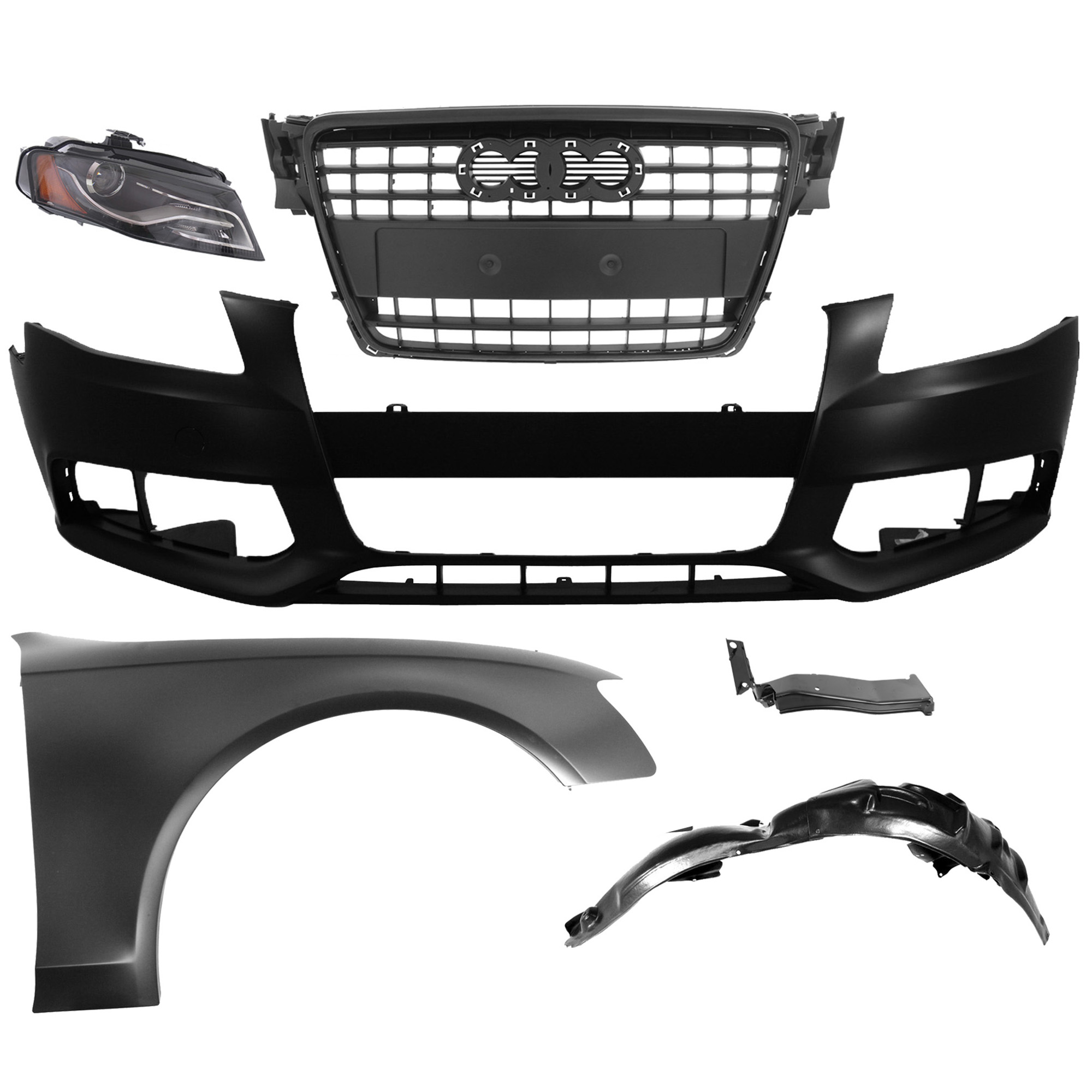 AM A4 A4 QUATTRO 09-10 FRONT BUMPER COVER Primed 6 pc kit with Headlight Fender Fender Liner Fender Support and Grille SKU KIT 060817-26 Partslink AU1000162 AU1241121 AU1249120 AU1245103 AU1200117 AU2503150 OEM 8K0807105GRU 8K0821106A 8K0821
