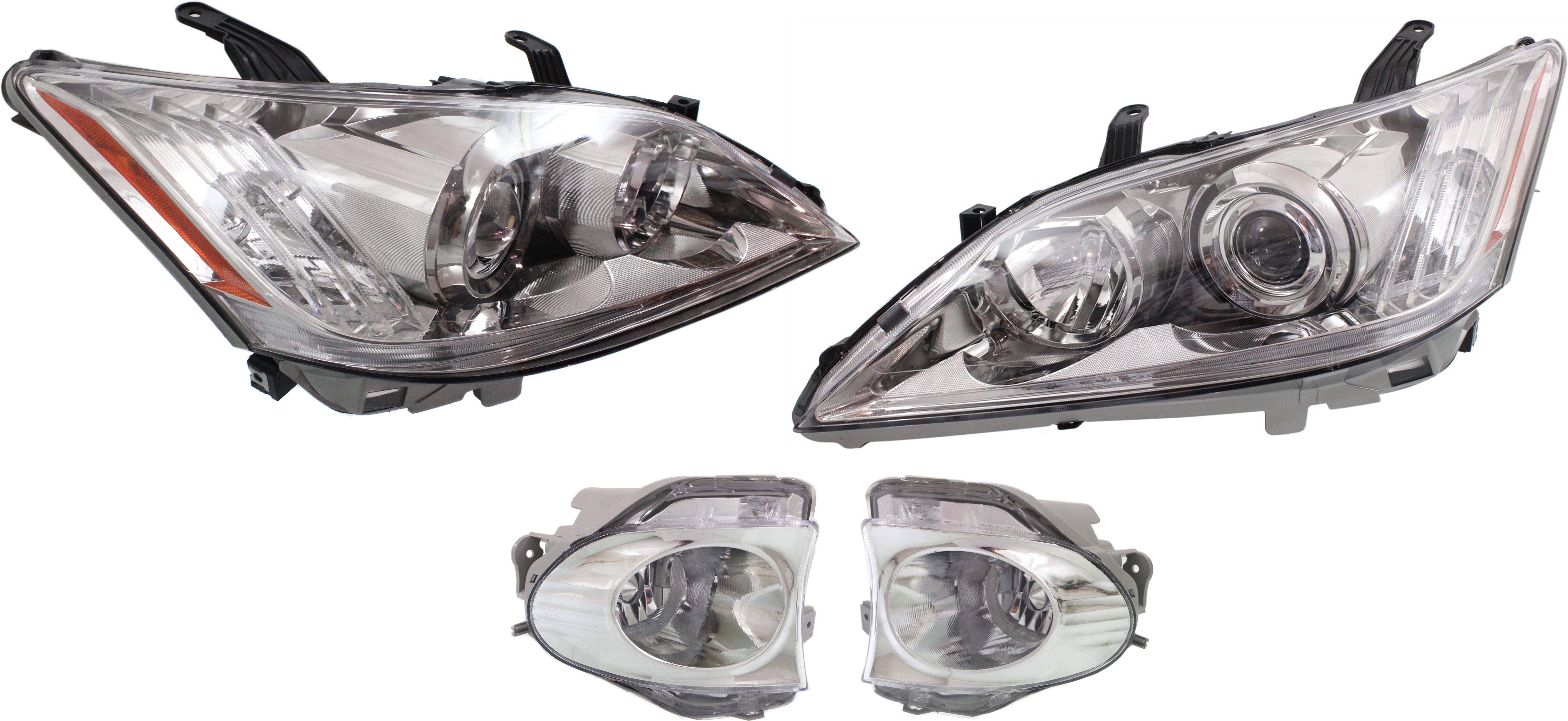 AM ES350-10-11 HEAD LAMP RH AND LH Lens and Housing Halogen 4 pc Kit with Fog Lights SKU KIT 060817-43 Partslink LX2518116 LX2519116 LX2594105 LX2595105 OEM 8113033740-8117033740-81221332