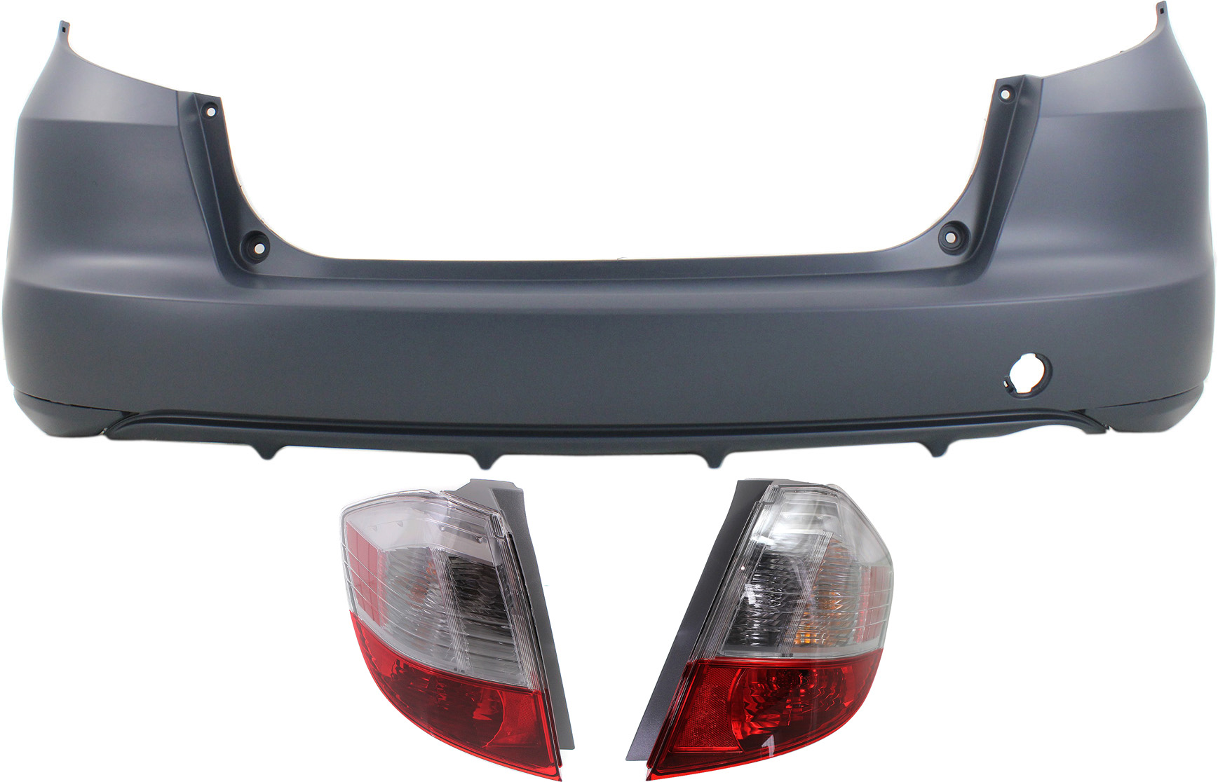 AM FIT 09-14 REAR BUMPER COVER 3 pc Kit Primed with Tail Lights SKU KIT 060817-61 Partslink HO1100255 HO2800176 HO2801176 OEM 04715TK6A91ZZ 33550TK6A01-3350