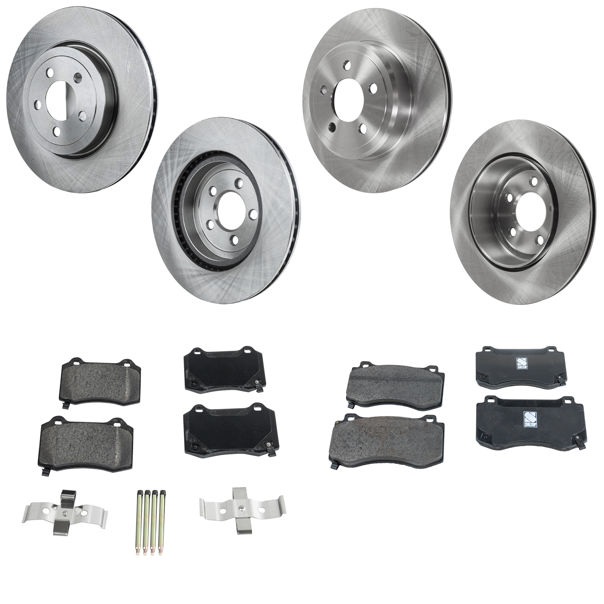 AM CHALLENGER 18-20 FRONT AND REAR BRAKE DISC AND PAD KIT 8 pc Kit Plain Surface 5 Lugs Semi Metallic Front Ceramic Rear SKU KIT 060823-12 OEM 4779209AB 4779209AC 4779209AE