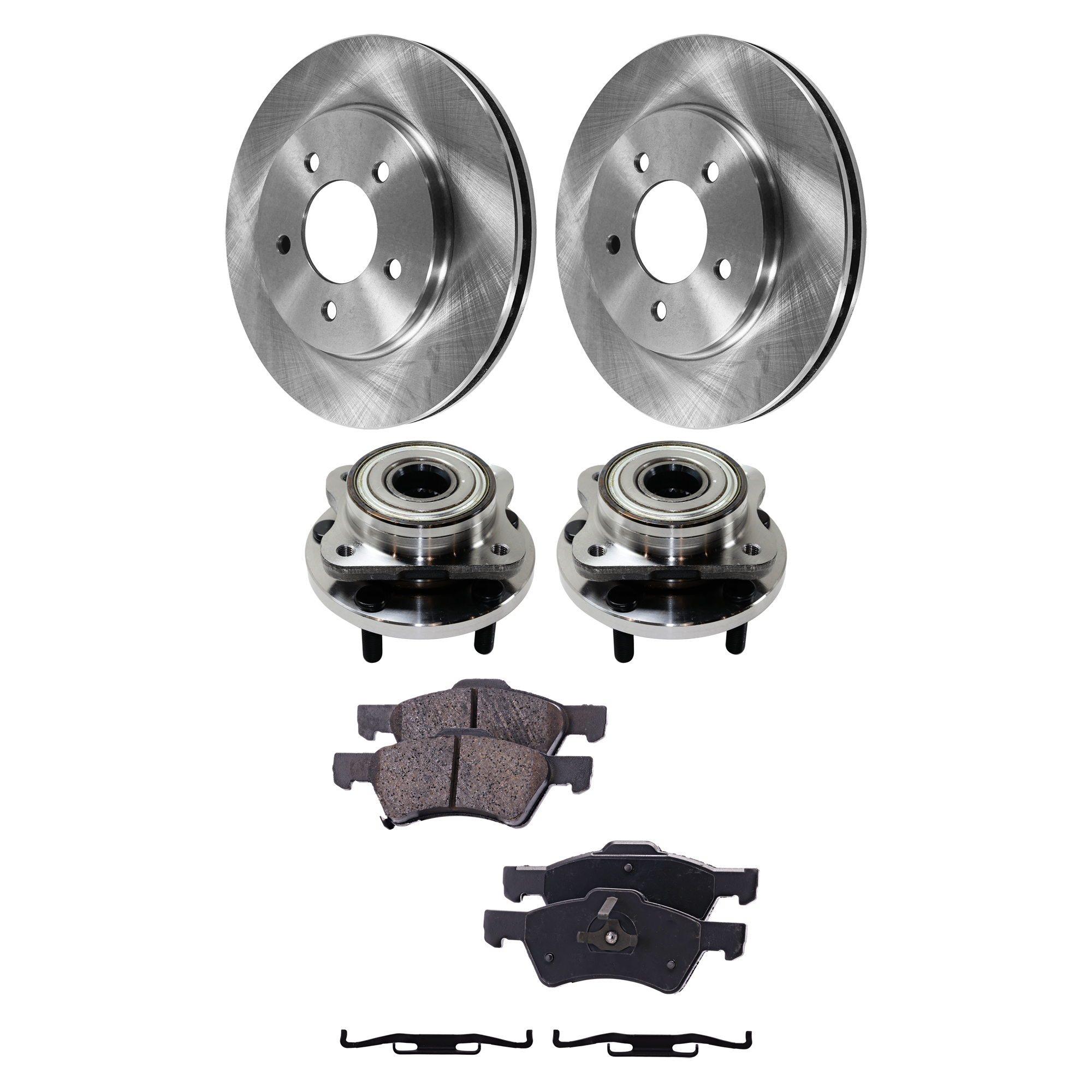 AM GRAND CARAVAN 96-07 FRONT HUB ASSEMBLY RH=LH 5 Studs 5 x 4.5 in. Bolt Pattern 5 pc kit with Brake Pad Set and Brake Disc SKU KIT 060824-08 OEM 4641517-4683260-4683432-472182
