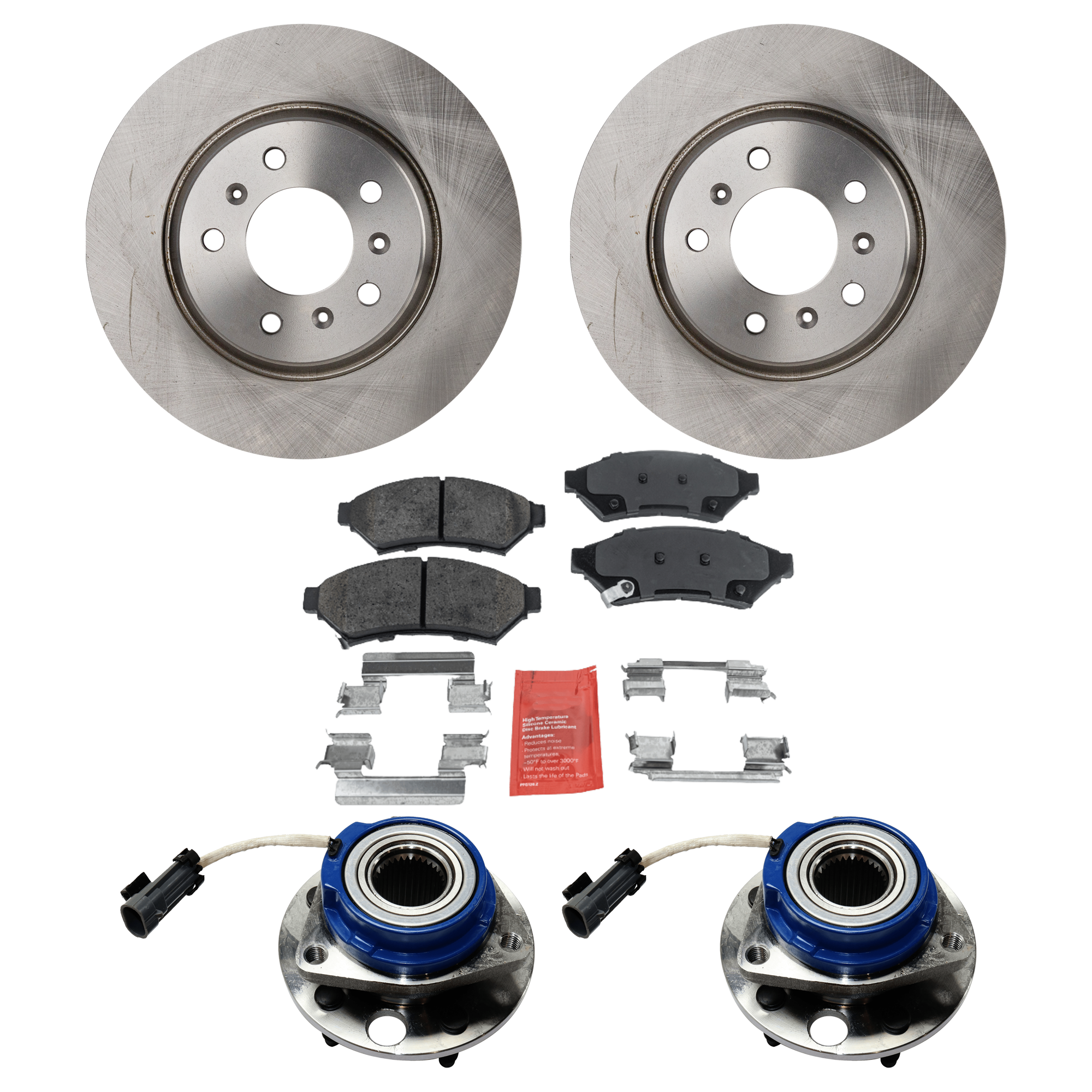AM CENTURY 97-05 IMPALA LIMITED 14-16 FRONT HUB ASSEMBLY RH AND LH 5 Studs 5 x 4.53 in. Bolt Pattern Plastic Clip 5 pc kit with Brake Disc and Brake Pad Set SKU KIT 060824-14 OEM 889-641-681-804-869-000-000-000-000
