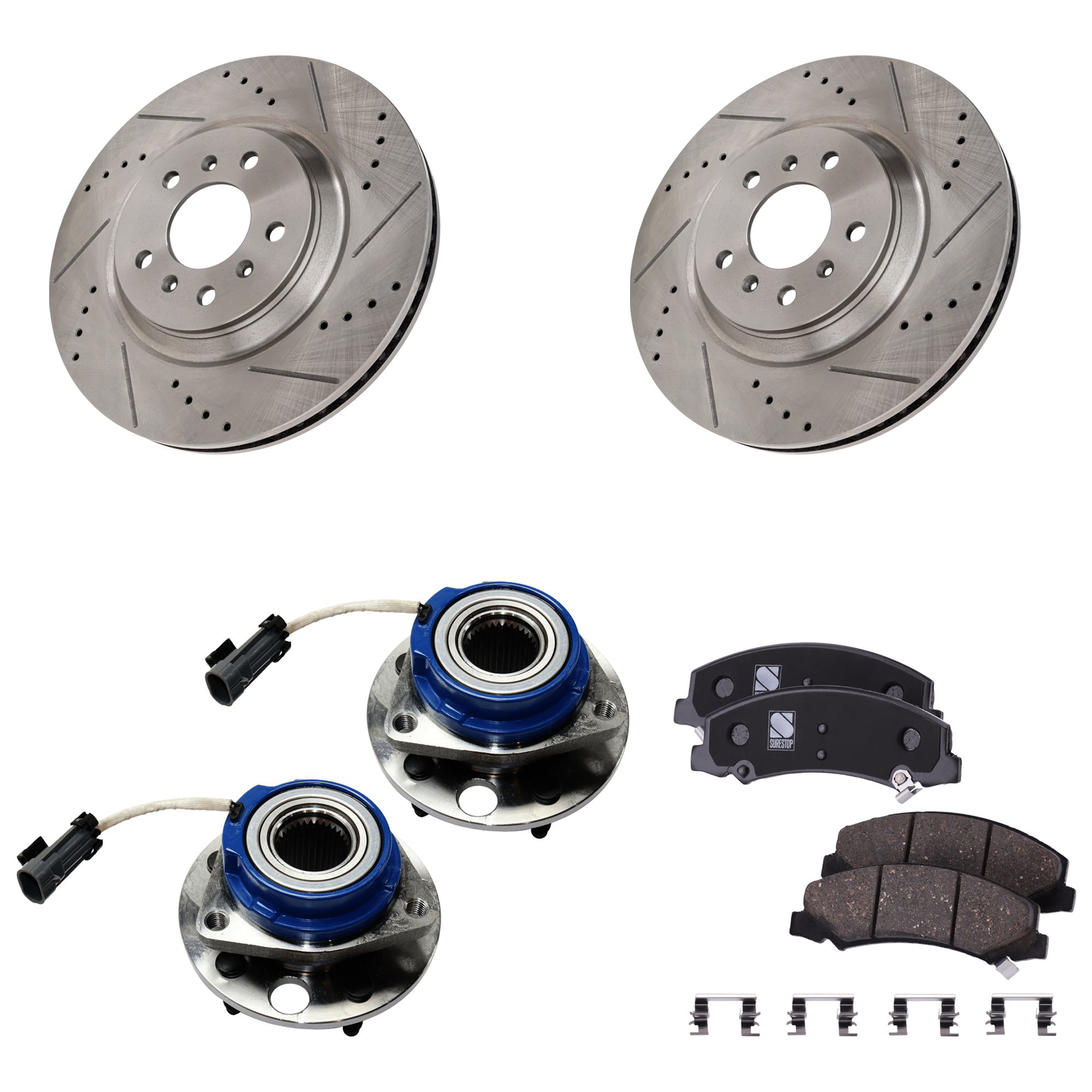 AM LUCERNE 06-11 IMPALA 12-13 FRONT BRAKE DISC AND PAD KIT Cross drilled and Slotted 2 Wheel Set 5 pc kit with Wheel Hub SKU KIT 060824-15 OEM 88964168-41217-55124-60421-580