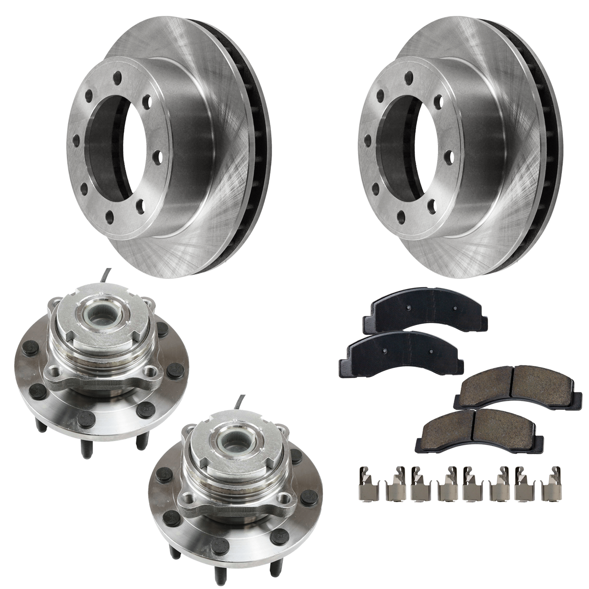 AM F 250 F 350 SUPER DUTY 00-04 FRONT BRAKE DISC AND PAD KIT 5 pc kit 2 Wheel Set 4WD Plain Surface SKU KIT 060824-33 OEM F81Z1125CA F81Z1125DA 1C3Z2001