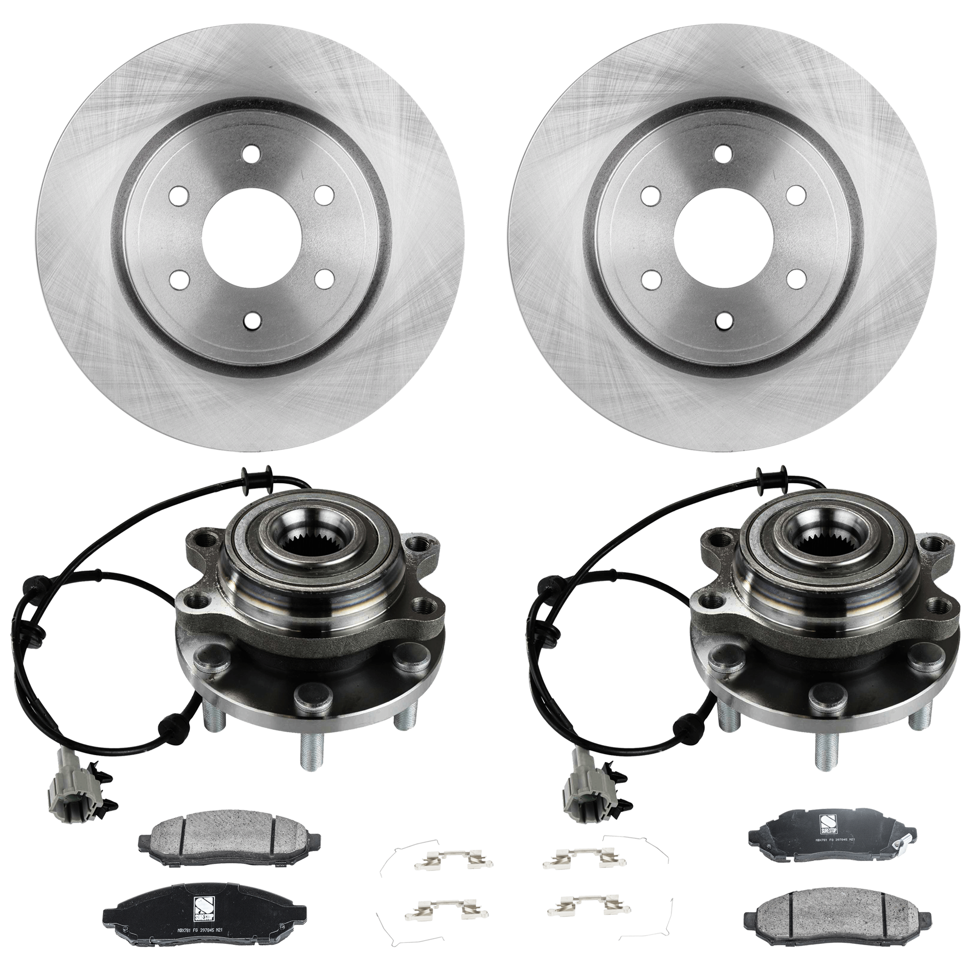 AM PATHFINDER 05-12 FRONTIER 05-19 FRONT BRAKE DISC AND PAD KIT 6 pc Kit Plain Surface SKU KIT 060824-42 OEM 40206EB300-40206EA00A 402069BE