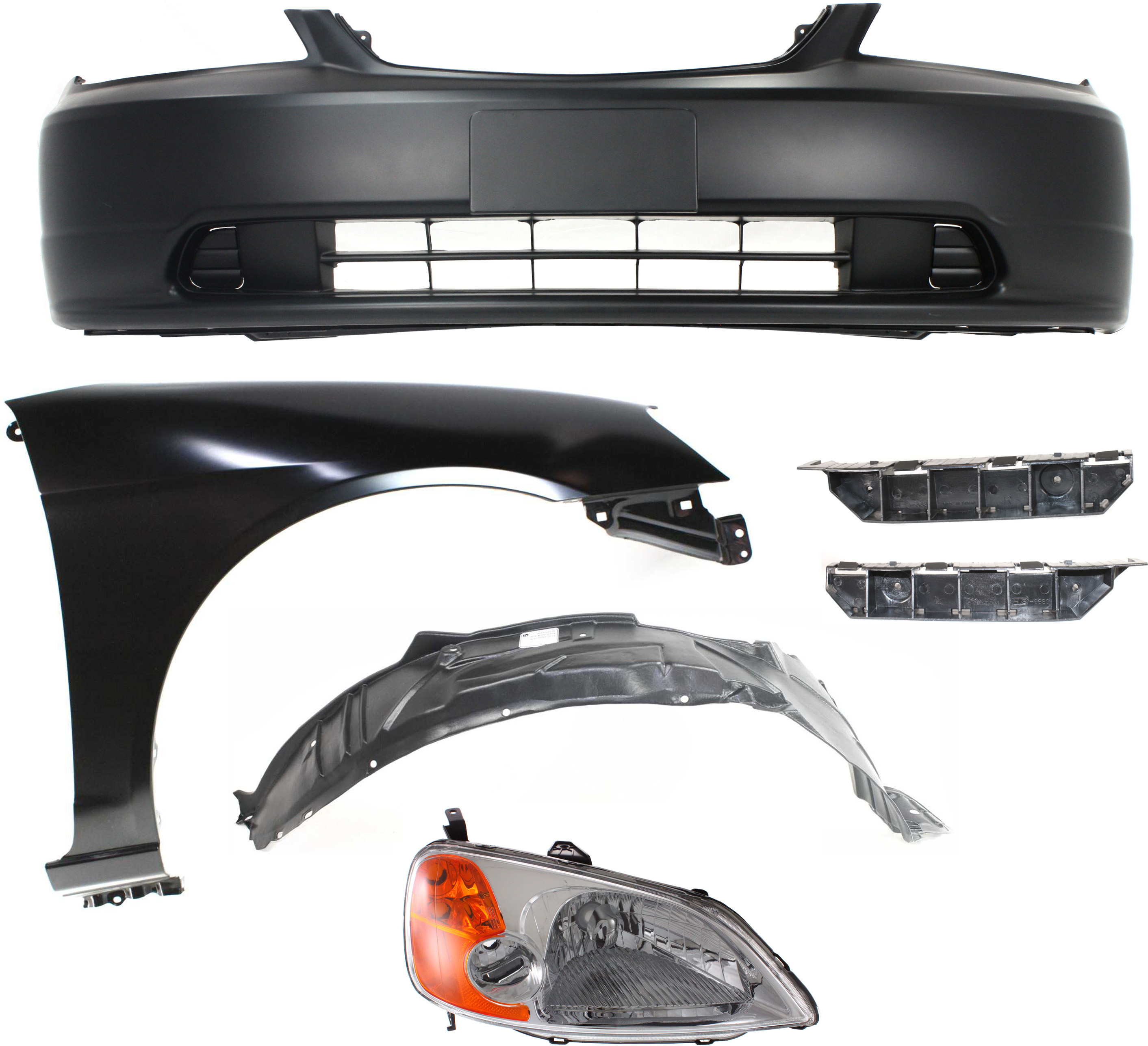 AM CIVIC 01-03 HEAD LAMP RH Lens and Housing Halogen 6 pc Kit with Bumper Brackets Bumper Cover Fender and Fender Liner SKU KIT 060917-89 Partslink HO2503116 HO1067114 HO1066114 HO1000197 HO1241153 HO1249109 OEM 33101S5AA01-71193S5A000-71198S