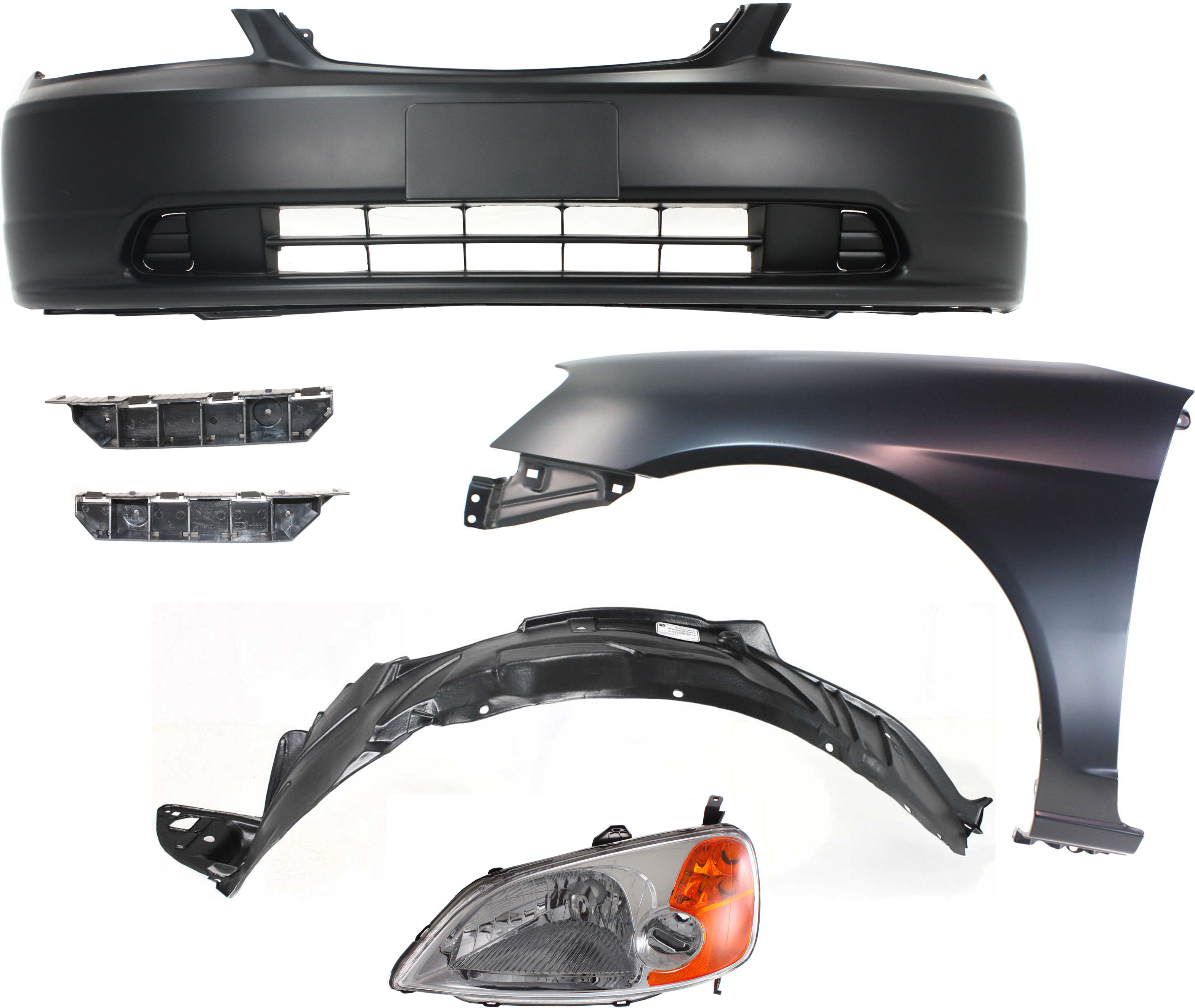 AM CIVIC 01-03 HEAD LAMP LH Lens and Housing Halogen 6 pc Kit with Bumper Brackets Bumper Cover Fender and Fender Liner SKU KIT 060917-90 Partslink HO2502116 HO1067114 HO1066114 HO1000197 HO1240153 HO1248109 OEM 33151S5AA01-71193S5A000-71198S