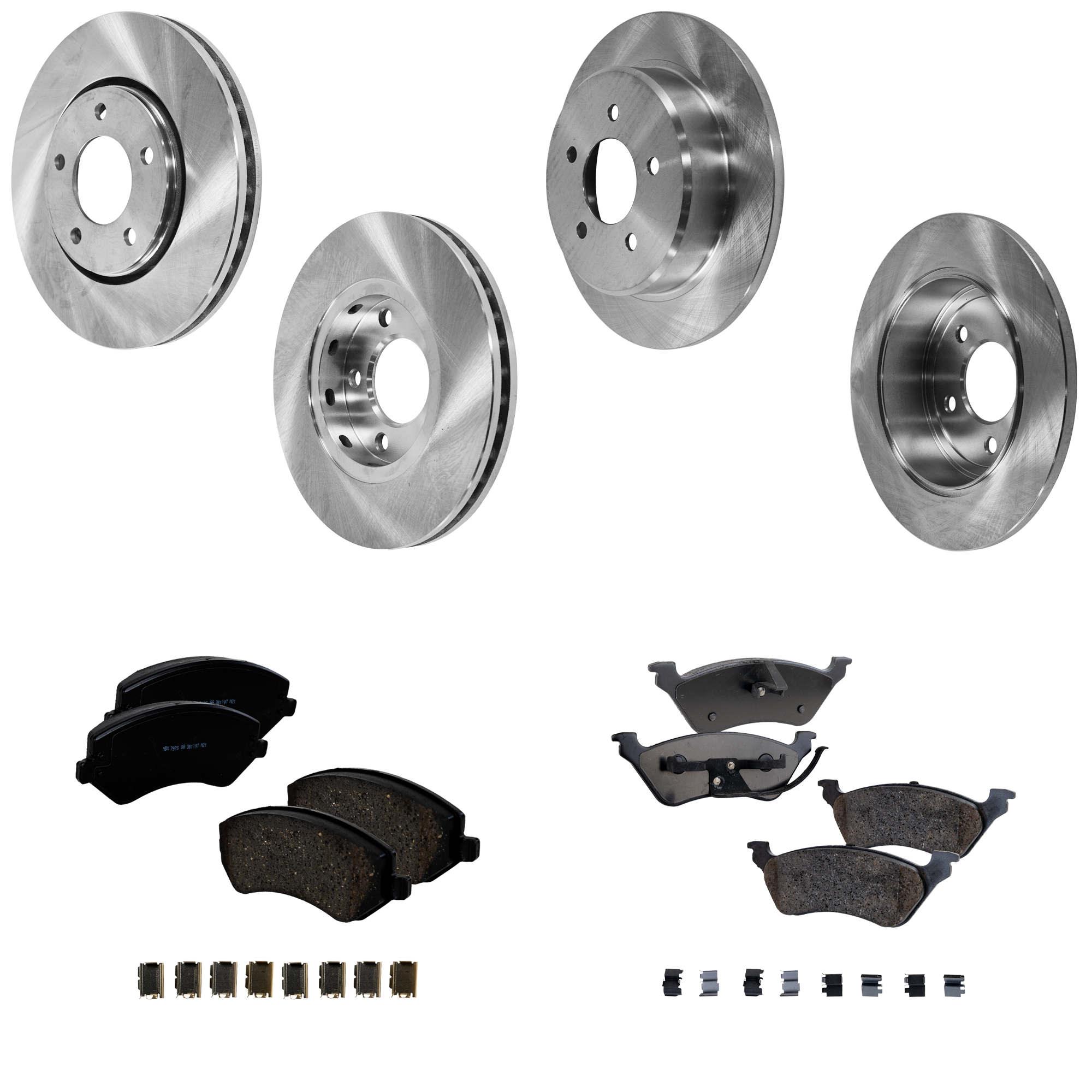 AM GRAND CARAVAN 01-05 CARAVAN 02-07 FRONT AND REAR BRAKE DISC AND PAD KIT 4 Wheel Set SKU KIT 060923-05 OEM 4721023-4721023AF 4721023AG 47