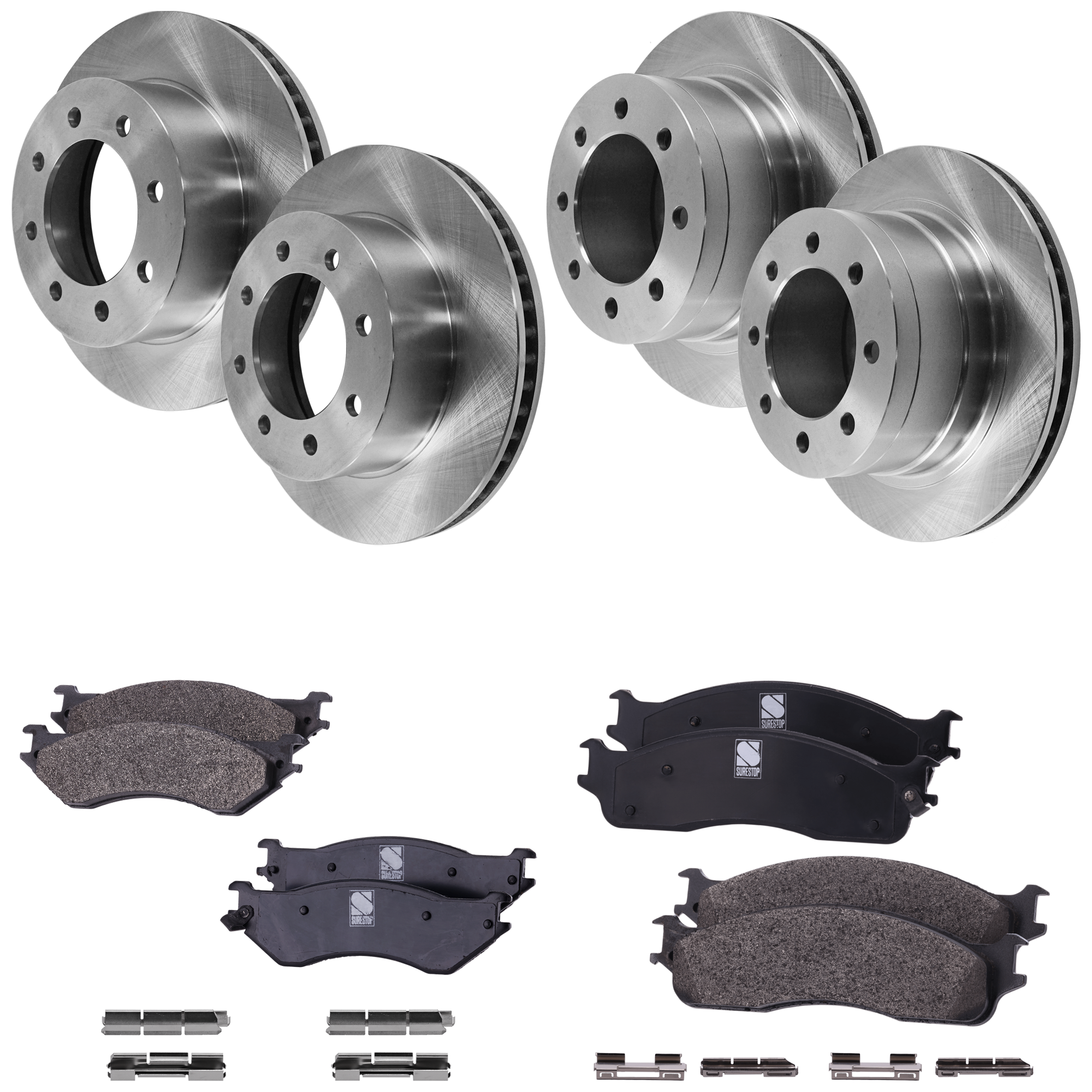 AM RAM FULLSIZE P U 03-08 FRONT AND REAR BRAKE DISC AND PAD KIT 4 Wheel Set Plain Surface 8 Lugs Cast Iron Semi Metallic SKU KIT 060923-06 OEM 52010144AA 52121050AA 15212105