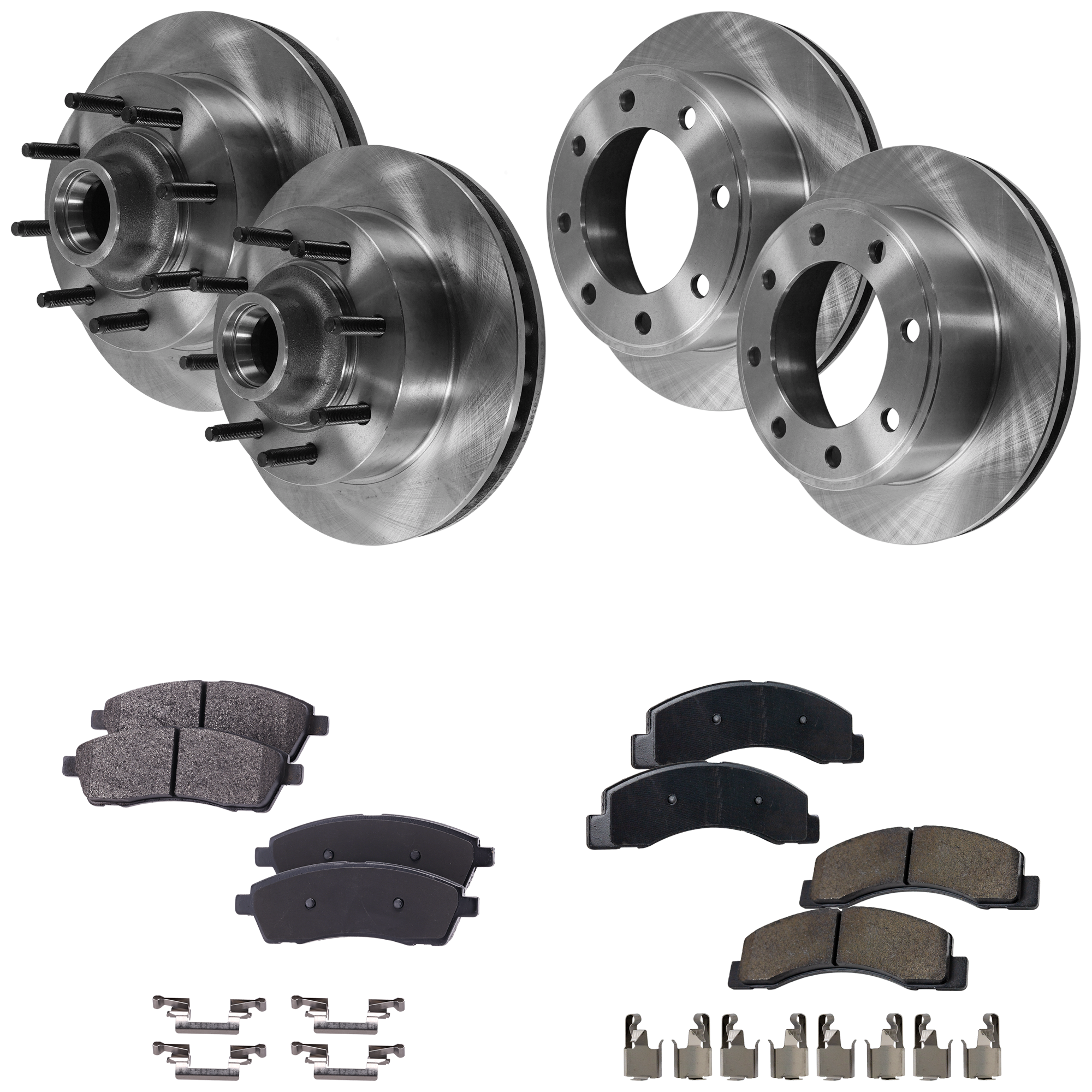AM EXCURSION 03-05 F 250 SUPER DUTY 03-04 FRONT AND REAR BRAKE DISC AND PAD KIT 4 Wheel Set Plain Surface 8 Lugs Cast Iron Semi Metallic SKU KIT 060923-12 OEM 54121-145480-492625-48880215-6