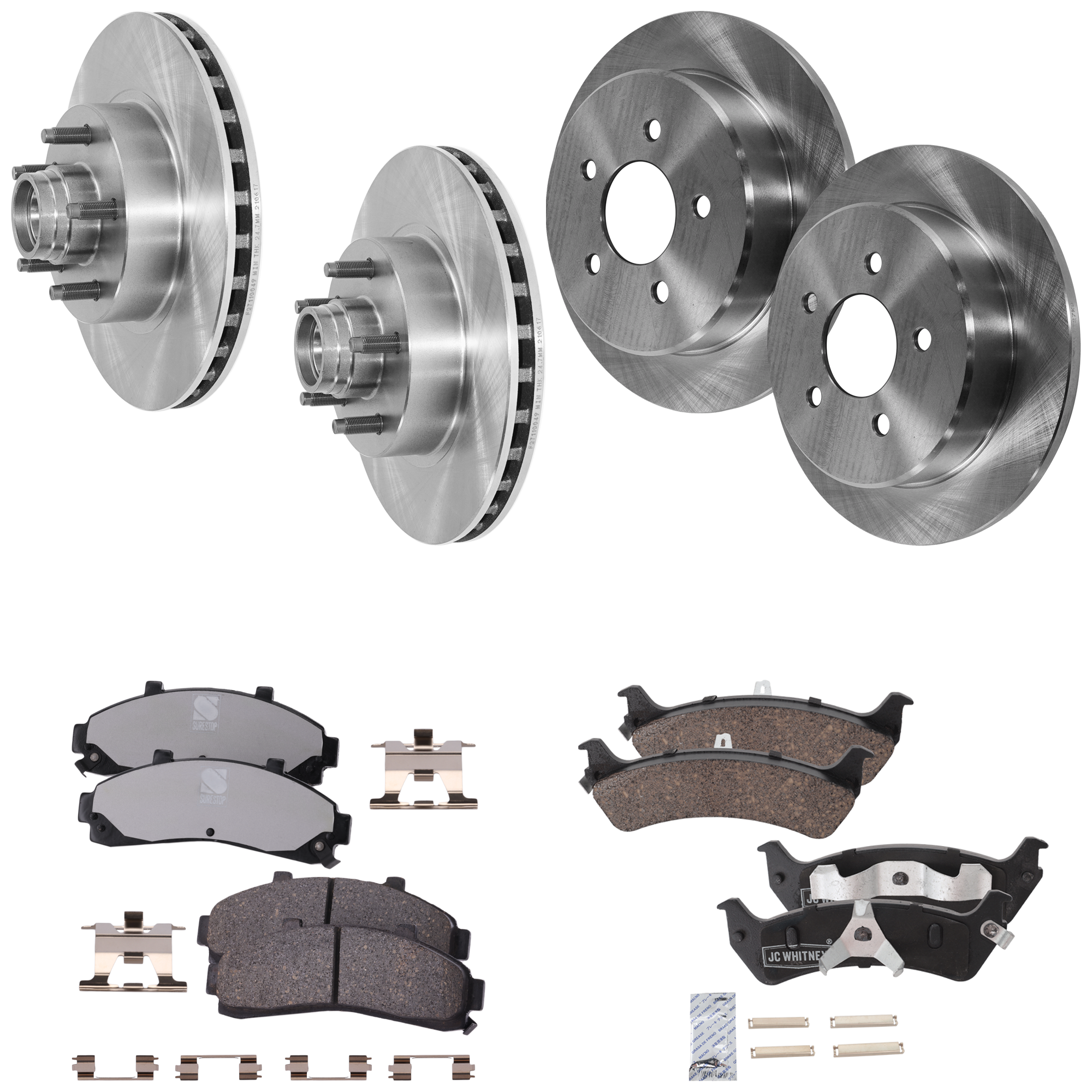AM EXPLORER 95-01 MOUNTAINEER 97-01 FRONT AND REAR BRAKE DISC AND PAD KIT 4 Wheel Set Plain Surface 5 Lugs Front Semi Metallic Rear Ceramic SKU KIT 060923-13 OEM F5TZ1102H F6TZ1102GA 4L5Z1102B