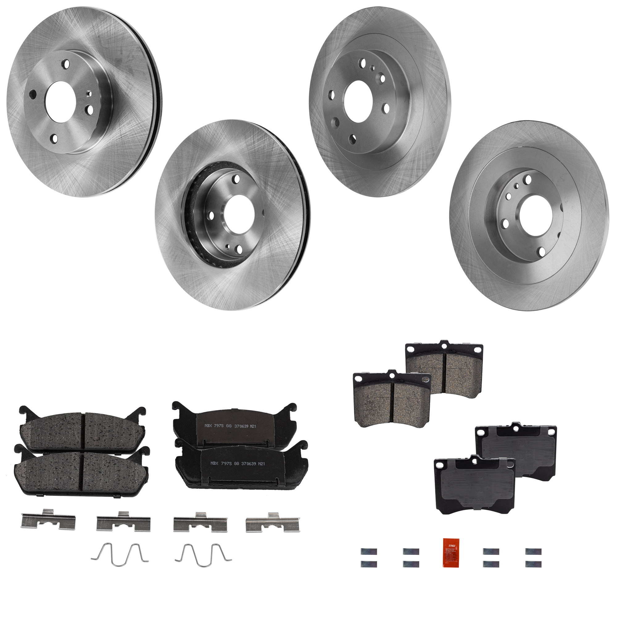 AM ESCORT 91-96 PROTEGE 90-94 FRONT AND REAR BRAKE DISC AND PAD KIT 4 Wheel Set Plain Surface 4 Lugs Cast Iron Semi Metallic Front Ceramic Rear SKU KIT 060923-18 OEM F1CZ1125B F2CZ1125A BB7E3325XA