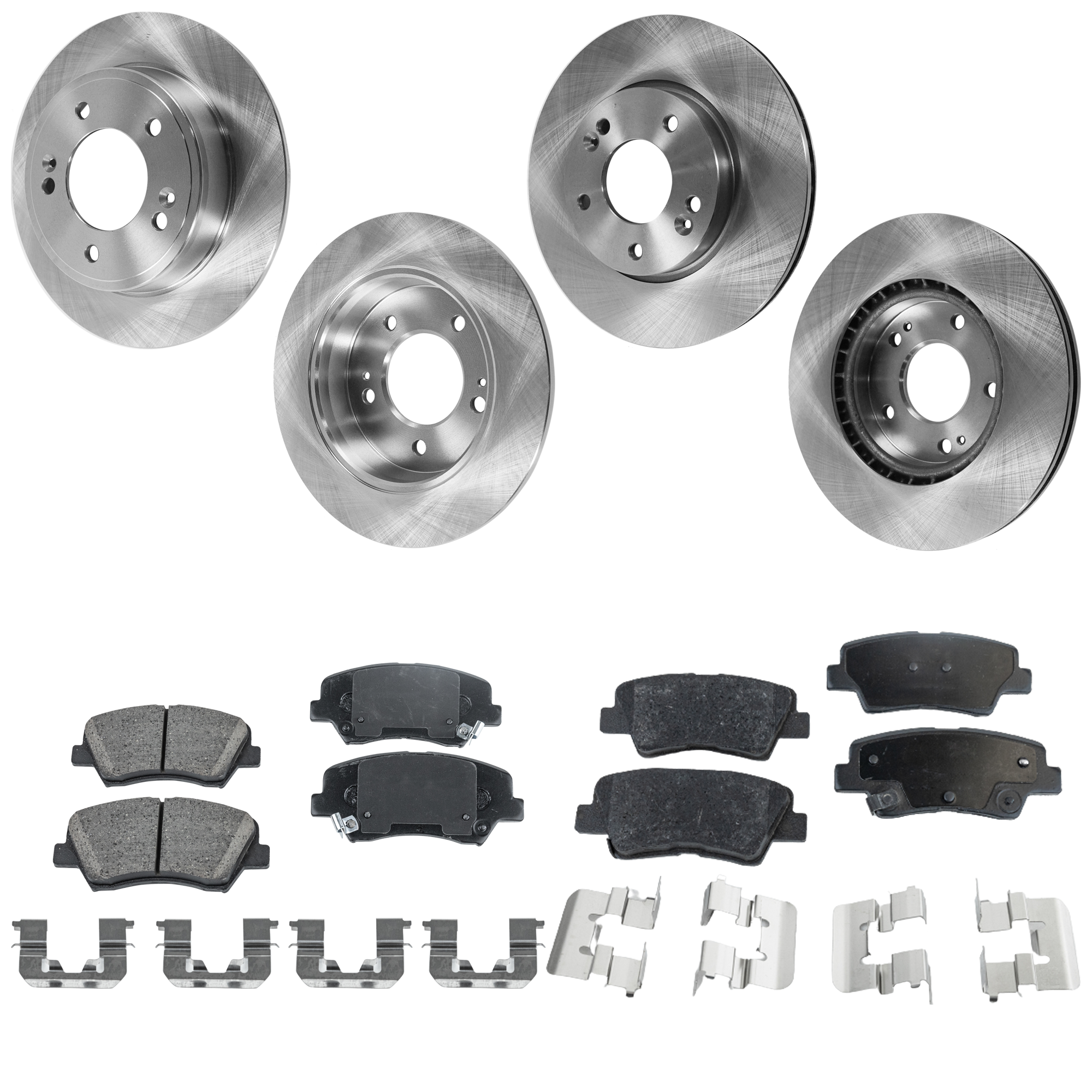 AM FORTE 14-16 ELANTRA GT 13-16 FRONT AND REAR BRAKE DISC AND PAD KIT 4 Wheel Set Plain Surface 5 Lugs Cast Iron Front Ceramic Rear Organic SKU KIT 060923-20 OEM 44746-0833529-850287-600030