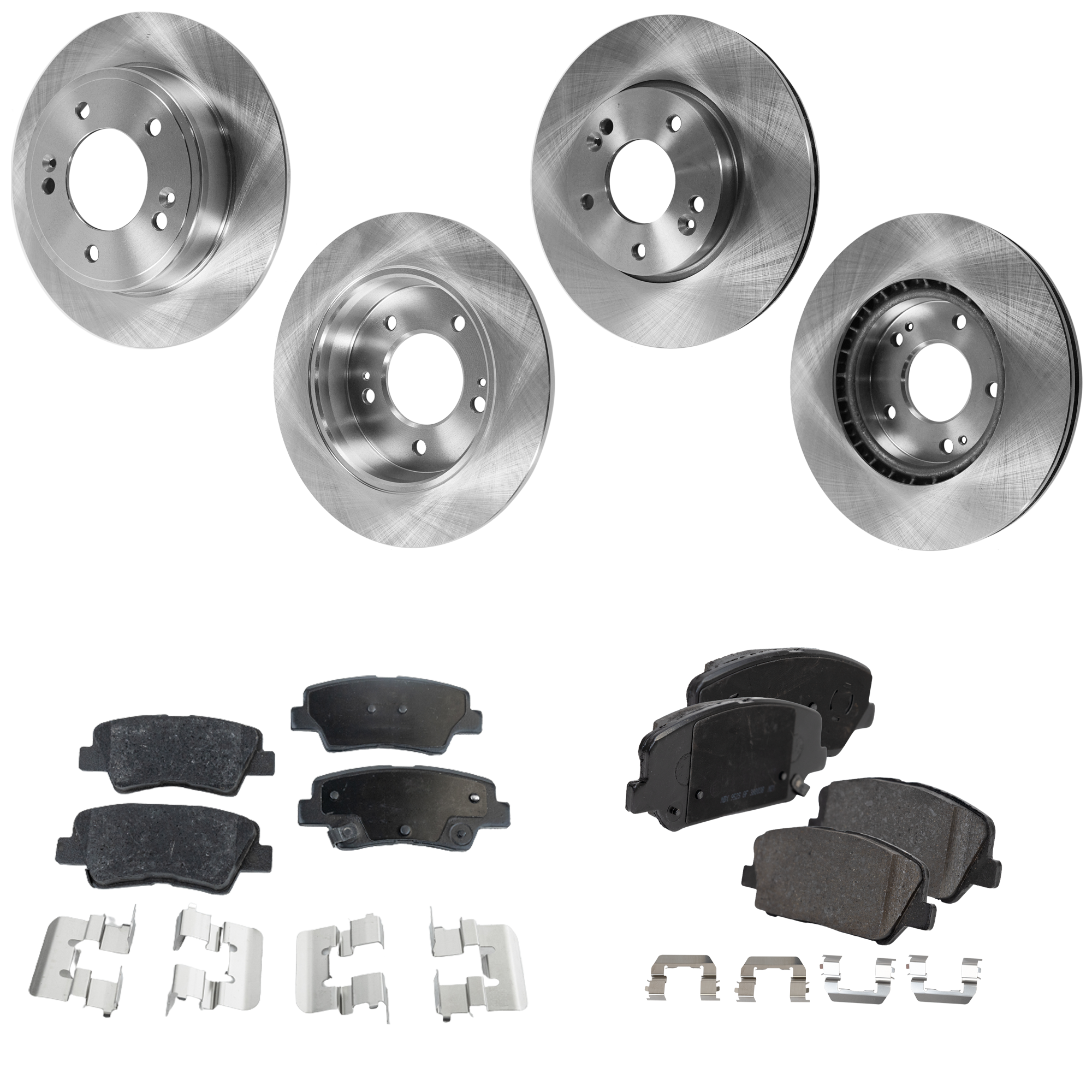 AM VELOSTER 14-16 FRONT AND REAR BRAKE DISC AND PAD KIT 4 Wheel Set Plain Surface 5 Lugs Cast Iron Organic SKU KIT 060923-22 OEM 44746-0833529-850287-60003037
