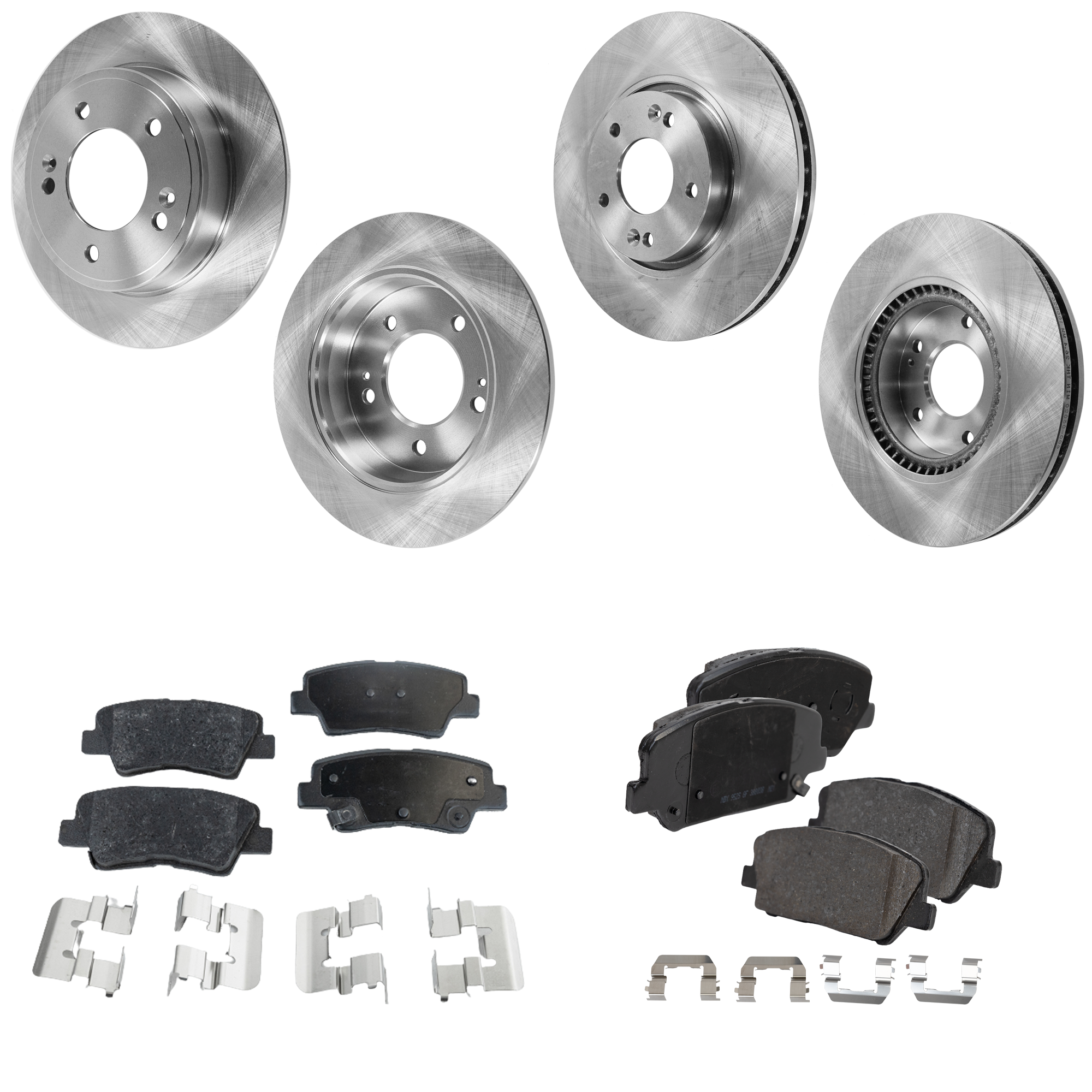 AM FORTE KOUP 14-16 VELOSTER 13-16 FRONT AND REAR BRAKE DISC AND PAD KIT 4 Wheel Set Plain Surface 5 Lugs Cast Iron Organic SKU KIT 060923-24 OEM 44746-0833529-850287-60003037