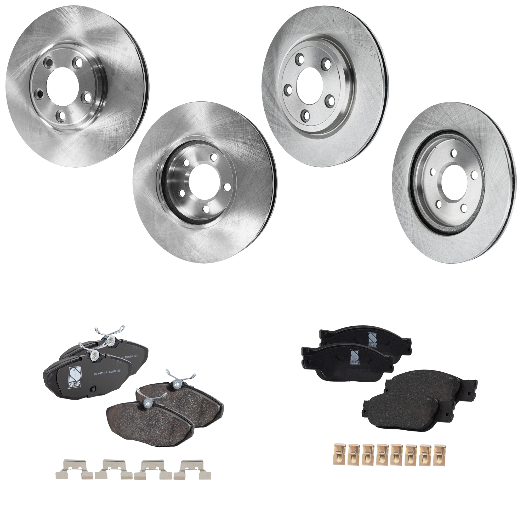 AM LS 00-06 THUNDERBIRD 02-05 FRONT AND REAR BRAKE DISC AND PAD KIT 4 Wheel Set Plain Surface 5 Lugs Cast Iron Non Asbestos Organic SKU KIT 060923-35 OEM JLM20802 XR827087 JLM20801 C2C