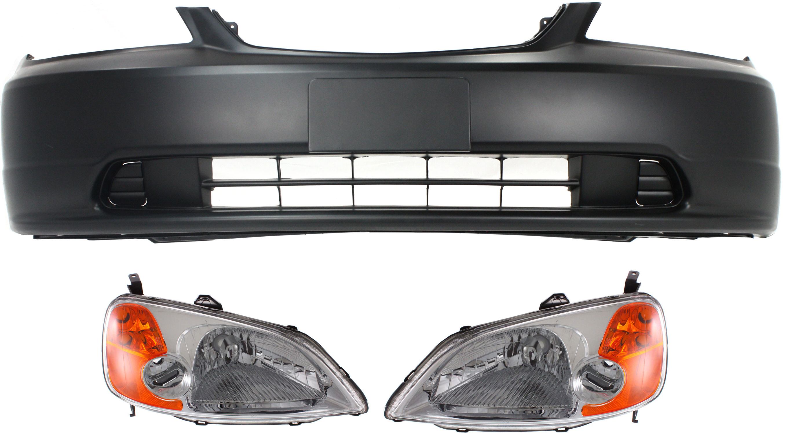 AM CIVIC 01-03 HEAD LAMP RH AND LH Lens and Housing Halogen 3 pc Kit with Bumper Cover SKU KIT 061017-02 Partslink HO2502116 HO2503116 HO1000197 OEM 33151S5AA01-33101S5AA01-04711S