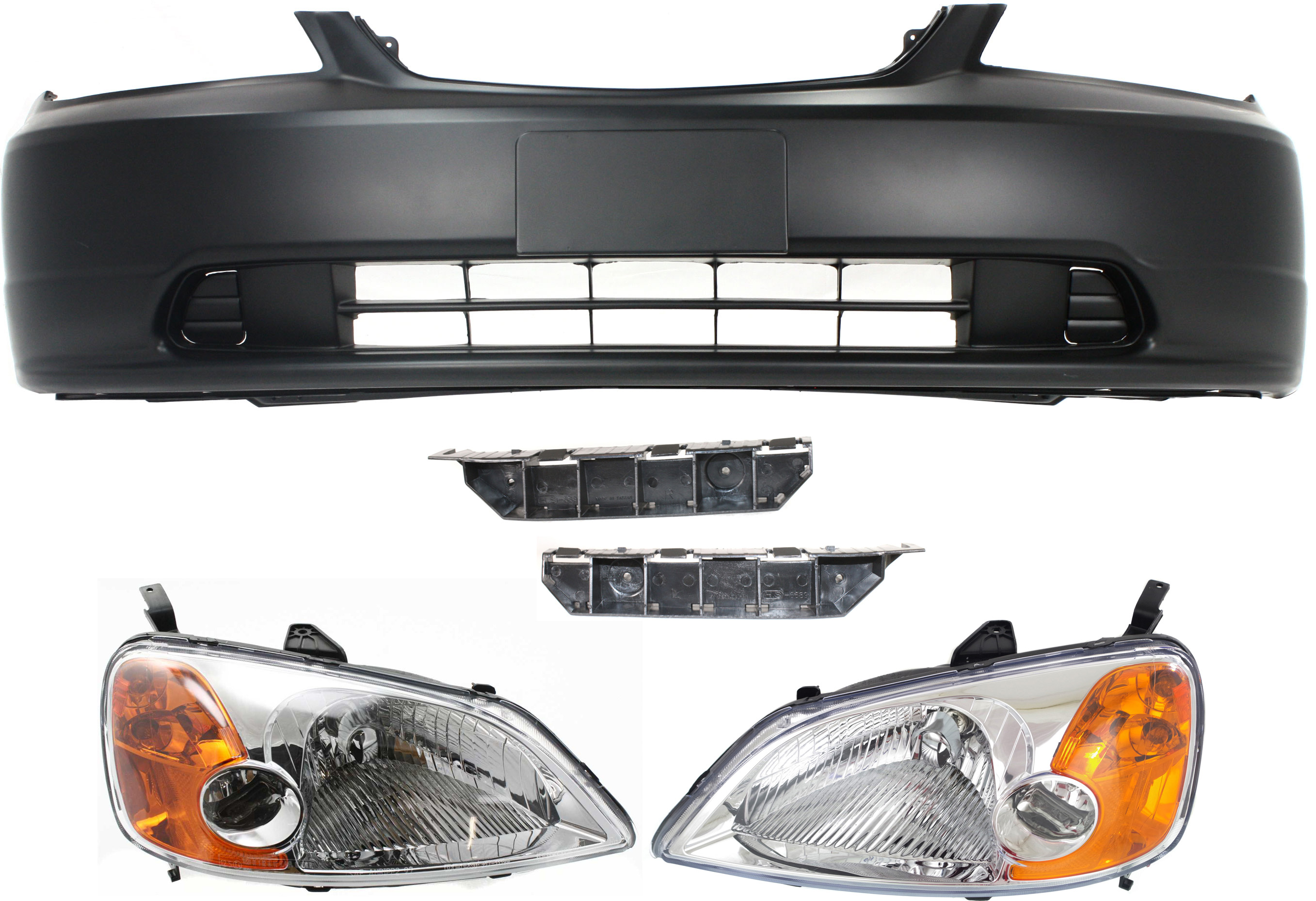 AM CIVIC 01-03 HEAD LAMP RH AND LH Assembly Halogen 5 pc Kit with Bumper Brackets and Bumper Cover SKU KIT 061017-13 Partslink HO1067114 HO1066114 HO1000197 OEM 33151S5AA01 PFM 33101S5AA01 PF
