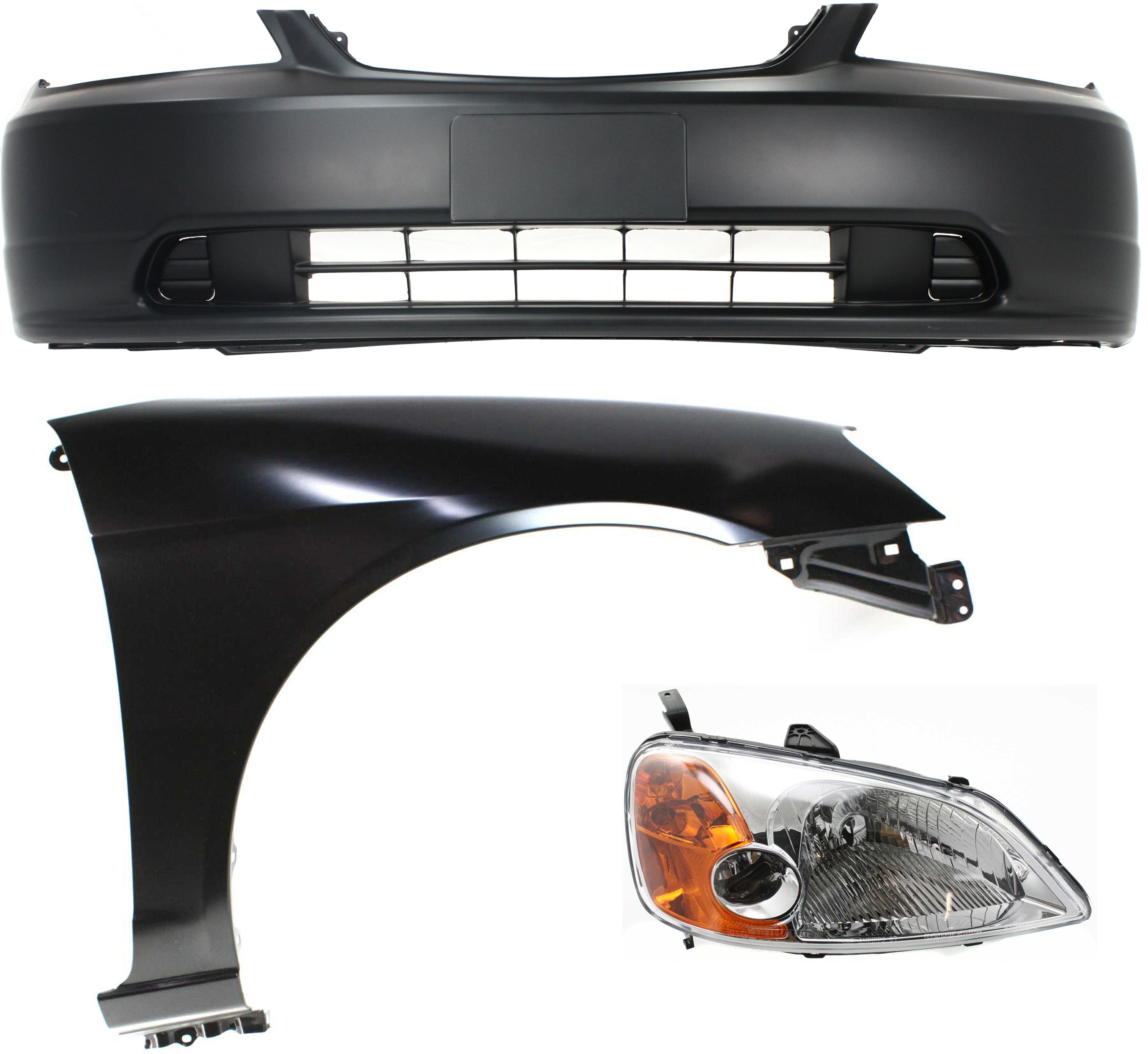 AM CIVIC 01-03 HEAD LAMP RH Assembly Halogen 3 pc Kit with Bumper Cover and Fender SKU KIT 061017-28 Partslink HO1000197 HO1241153 OEM 33101S5AA01 PFM 04711S5PA90ZZ