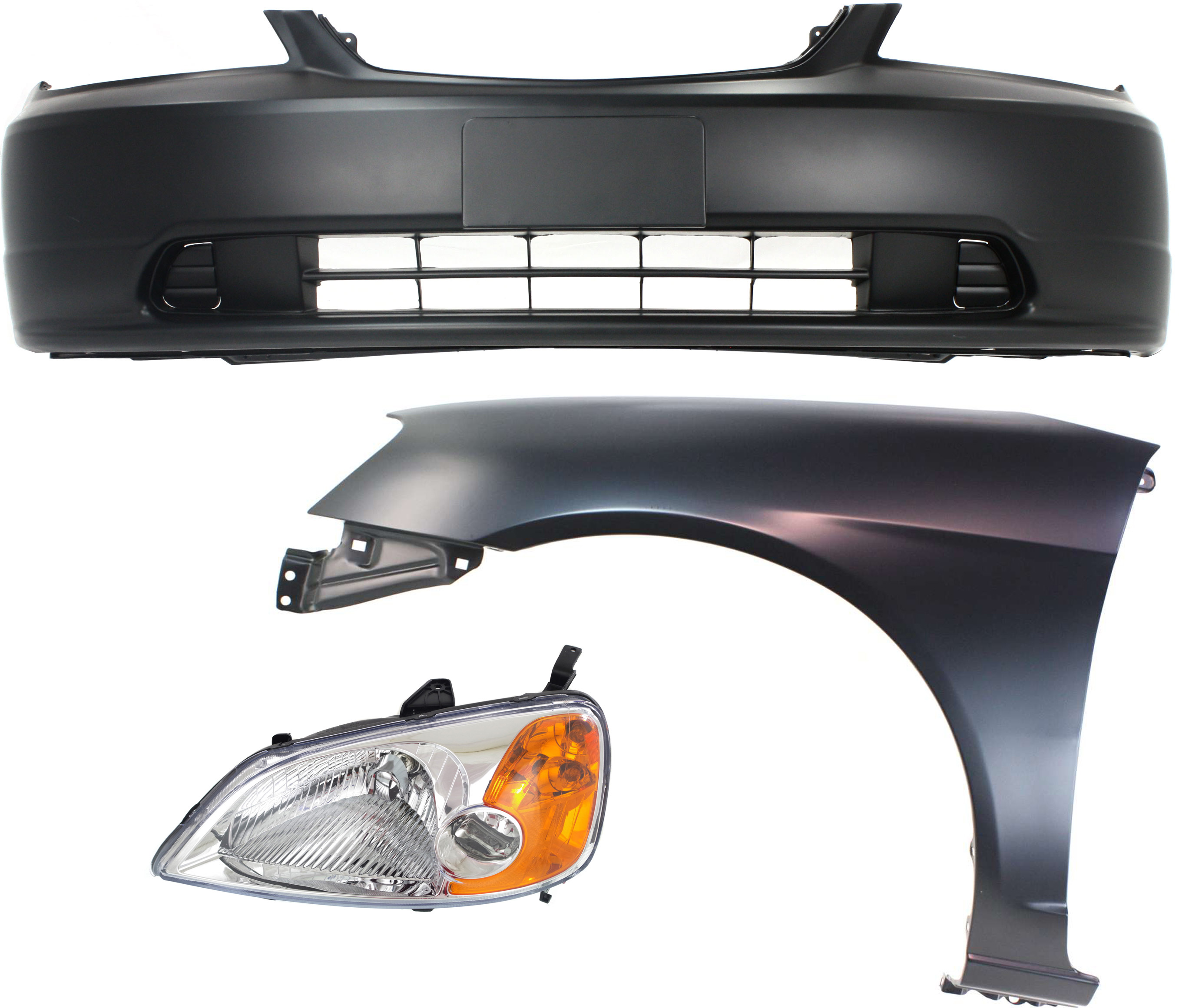AM CIVIC 01-03 HEAD LAMP LH Assembly Halogen 3 pc Kit with Bumper Cover and Fender SKU KIT 061017-29 Partslink HO1000197 HO1240153 OEM 33151S5AA01 PFM 04711S5PA90ZZ