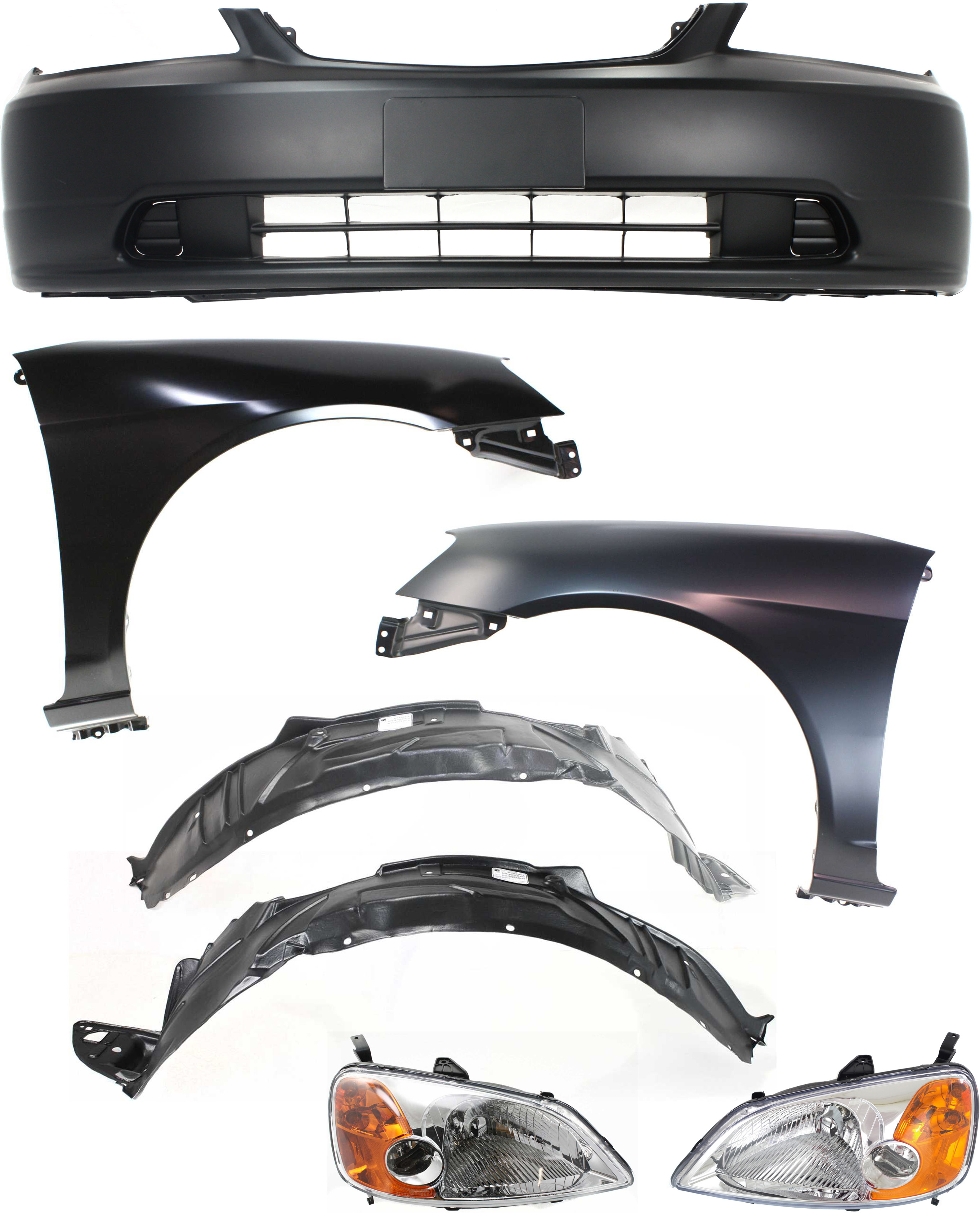AM CIVIC 01-03 HEAD LAMP RH AND LH Assembly Halogen 7 pc Kit with Bumper Cover Fender Liners and Fenders SKU KIT 061017-30 Partslink HO1000197 HO1241153 HO1240153 HO1249109 HO1248109 OEM 33151S5AA01 PFM 33101S5AA01 PF