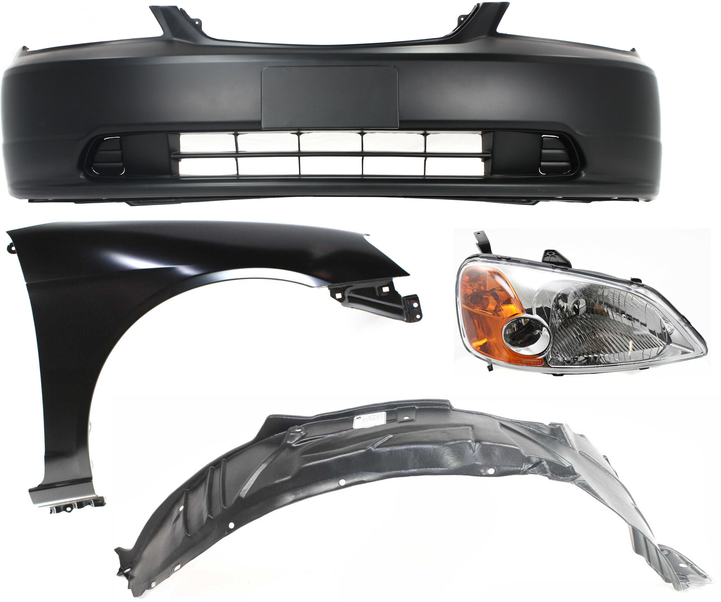 AM CIVIC 01-03 HEAD LAMP RH Assembly Halogen 4 pc Kit with Bumper Cover Fender and Fender Liner SKU KIT 061017-31 Partslink HO1000197 HO1241153 HO1249109 OEM 33101S5AA01 PFM 04711S5PA90ZZ