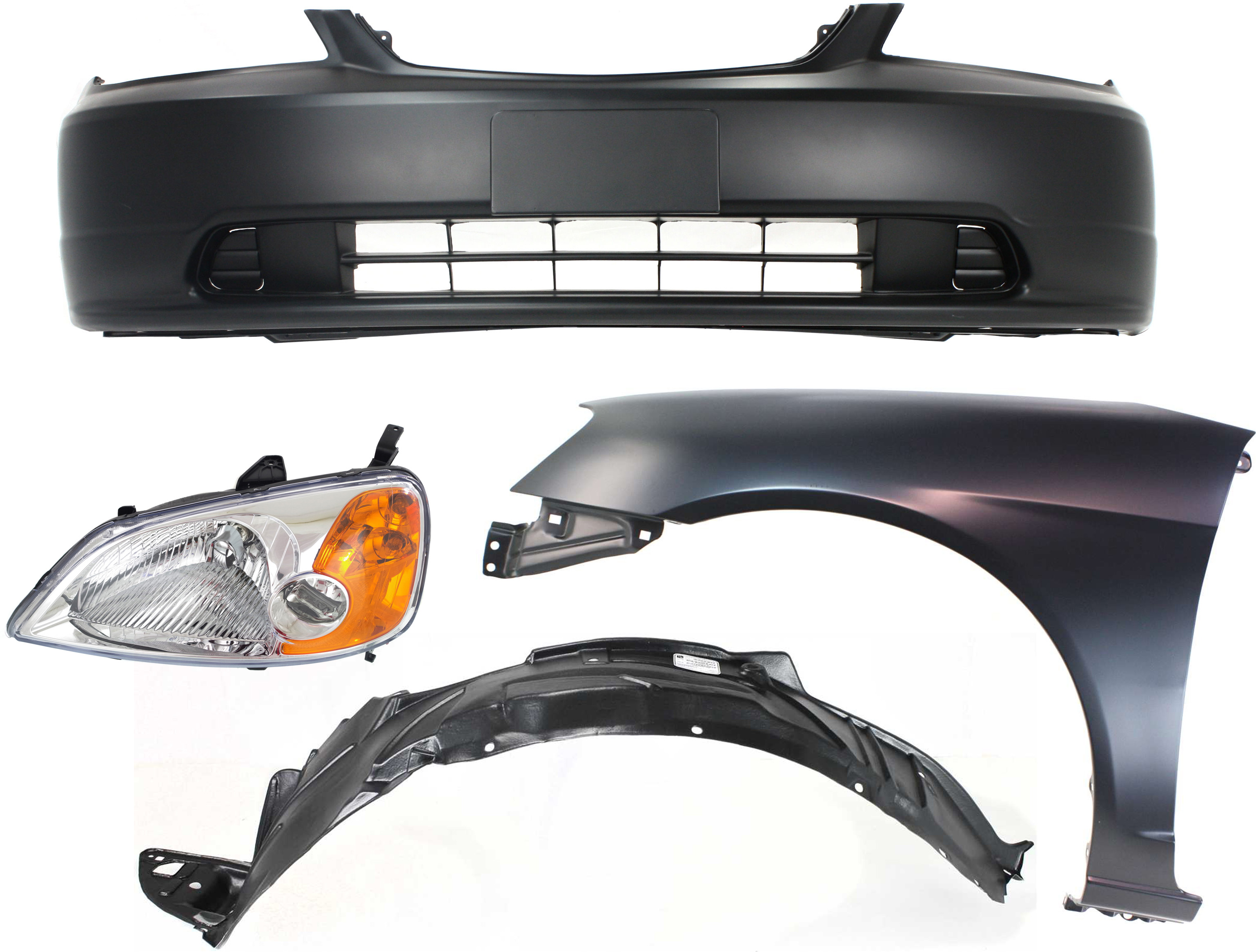 AM CIVIC 01-03 HEAD LAMP LH Assembly Halogen 4 pc Kit with Bumper Cover Fender and Fender Liner SKU KIT 061017-32 Partslink HO1000197 HO1240153 HO1248109 OEM 33151S5AA01 PFM 04711S5PA90ZZ