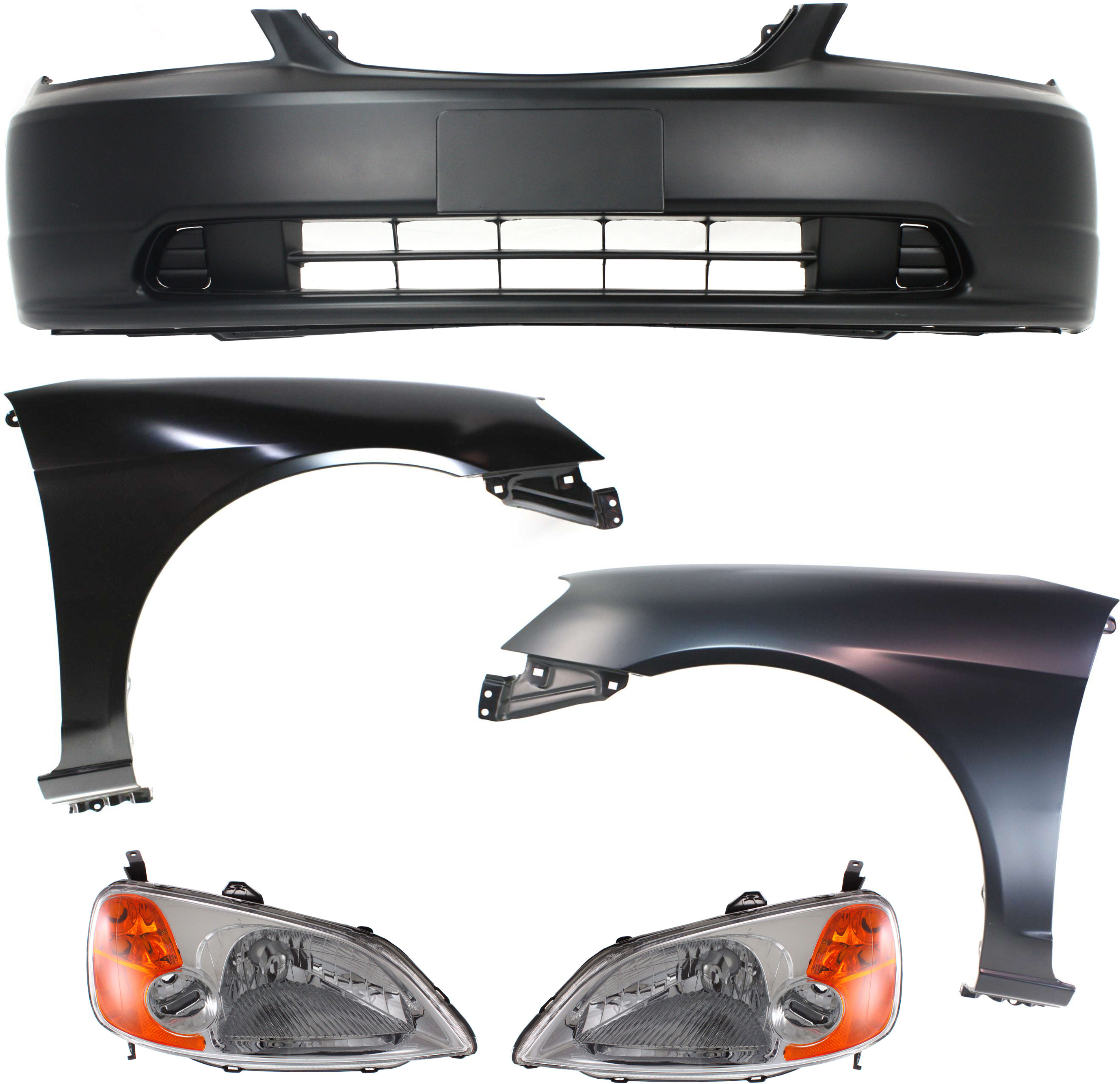 AM CIVIC 01-03 HEAD LAMP RH AND LH Lens and Housing Halogen 5 pc Kit with Bumper Cover and Fenders SKU KIT 061017-33 Partslink HO2502116 HO2503116 HO1000197 HO1241153 HO1240153 OEM 33151S5AA01-33101S5AA01-04711S