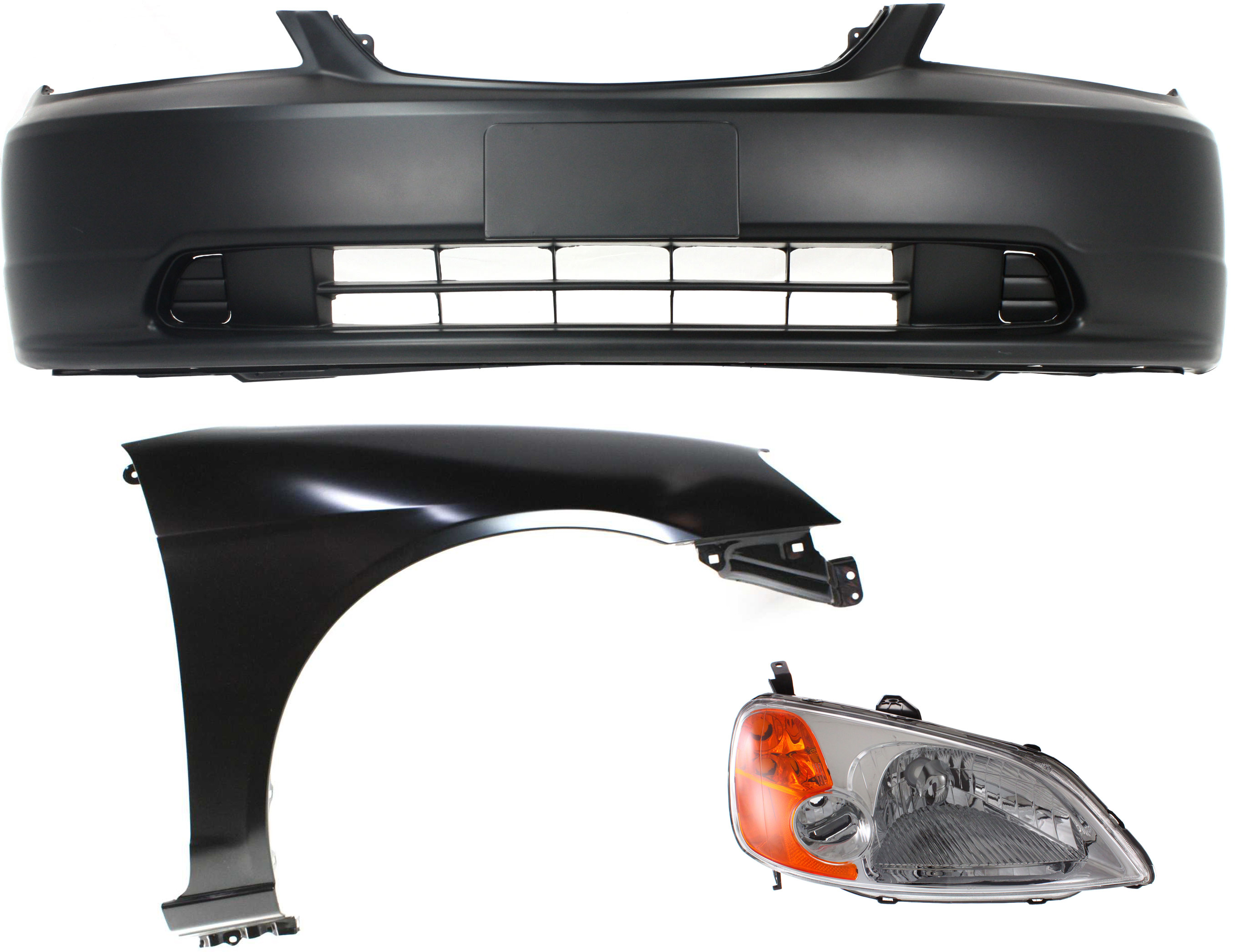 AM CIVIC 01-03 HEAD LAMP RH Lens and Housing Halogen 3 pc Kit with Bumper Cover and Fender SKU KIT 061017-34 Partslink HO2503116 HO1000197 HO1241153 OEM 33101S5AA01-04711S5PA90ZZ 6021