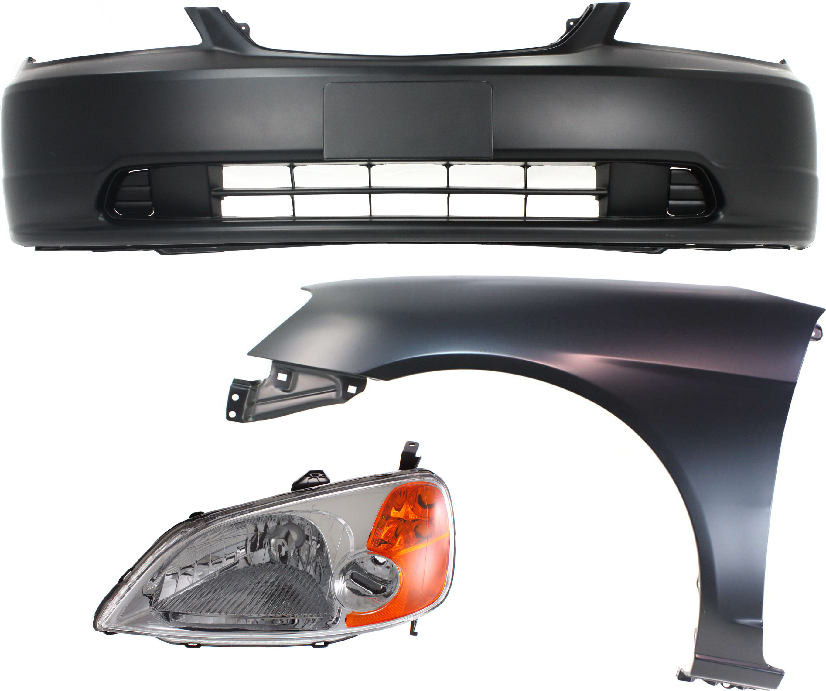 AM CIVIC 01-03 HEAD LAMP LH Lens and Housing Halogen 3 pc Kit with Bumper Cover and Fender SKU KIT 061017-35 Partslink HO2502116 HO1000197 HO1240153 OEM 33151S5AA01-04711S5PA90ZZ 6026