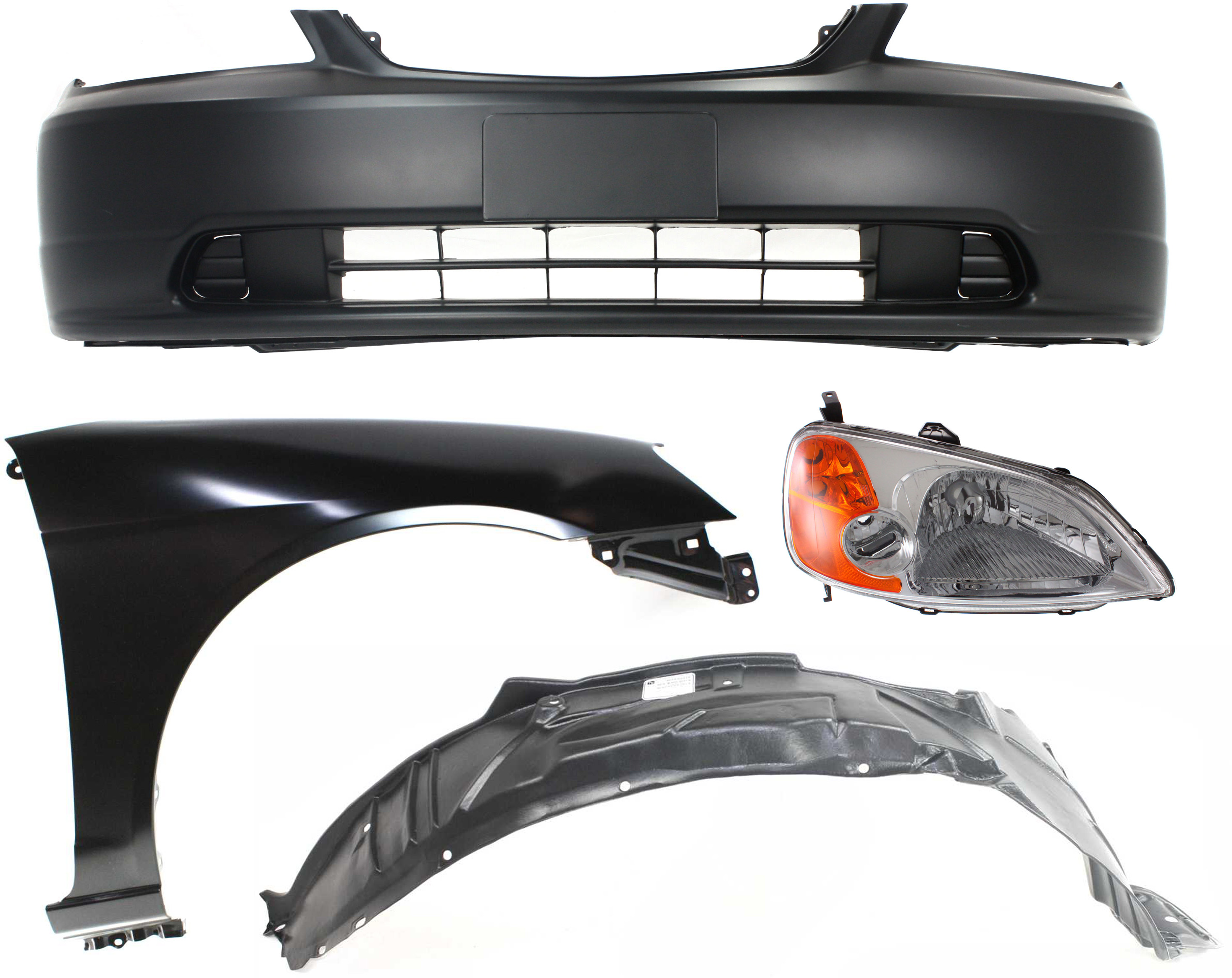 AM CIVIC 01-03 HEAD LAMP RH Lens and Housing Halogen 4 pc Kit with Bumper Cover Fender and Fender Liner SKU KIT 061017-37 Partslink HO2503116 HO1000197 HO1241153 HO1249109 OEM 33101S5AA01-04711S5PA90ZZ 6021