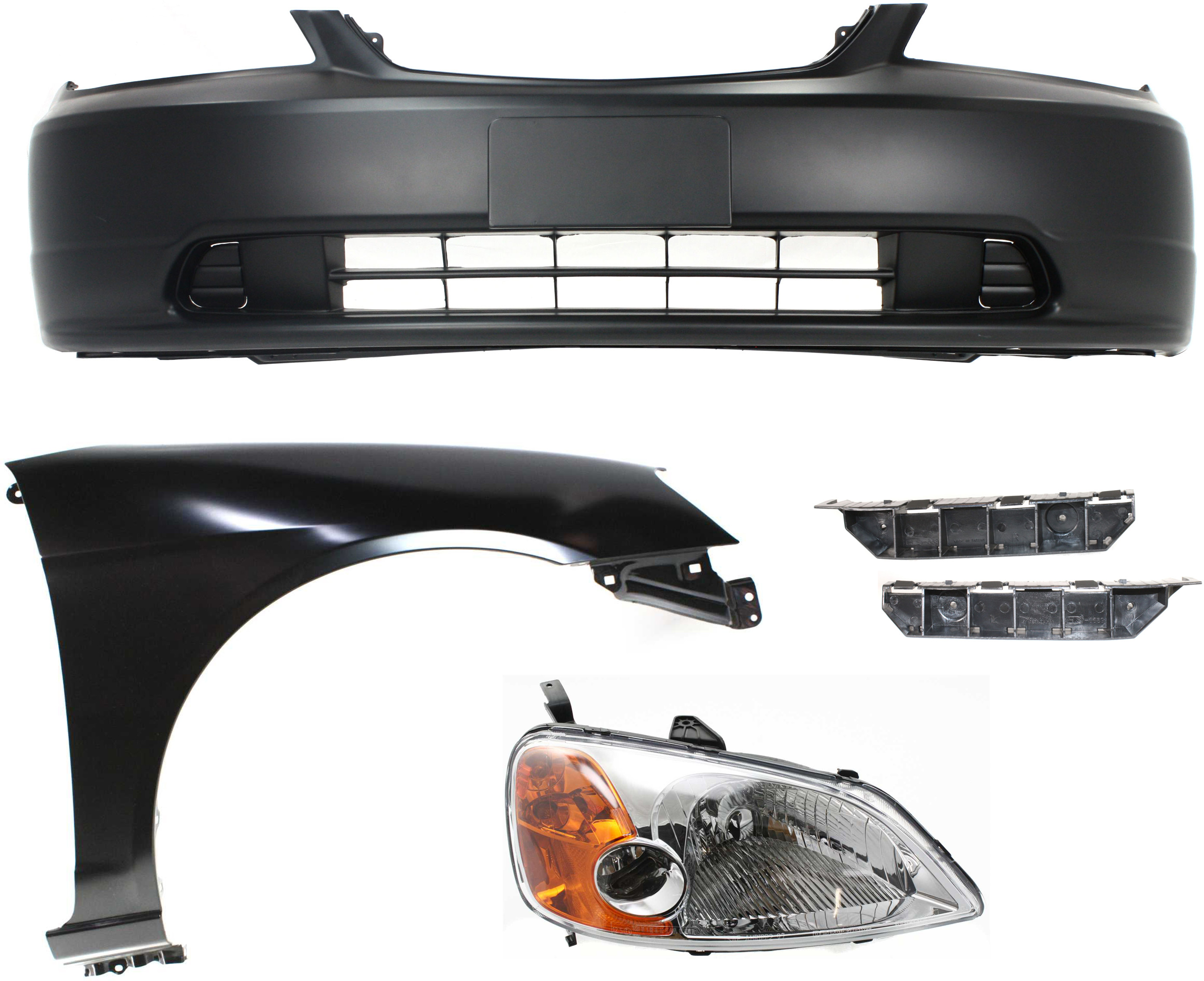 AM CIVIC 01-03 HEAD LAMP RH Assembly Halogen 5 pc Kit with Bumper Brackets Bumper Cover and Fender SKU KIT 061017-46 Partslink HO1067114 HO1066114 HO1000197 HO1241153 OEM 33101S5AA01 PFM 71193S5A000-71