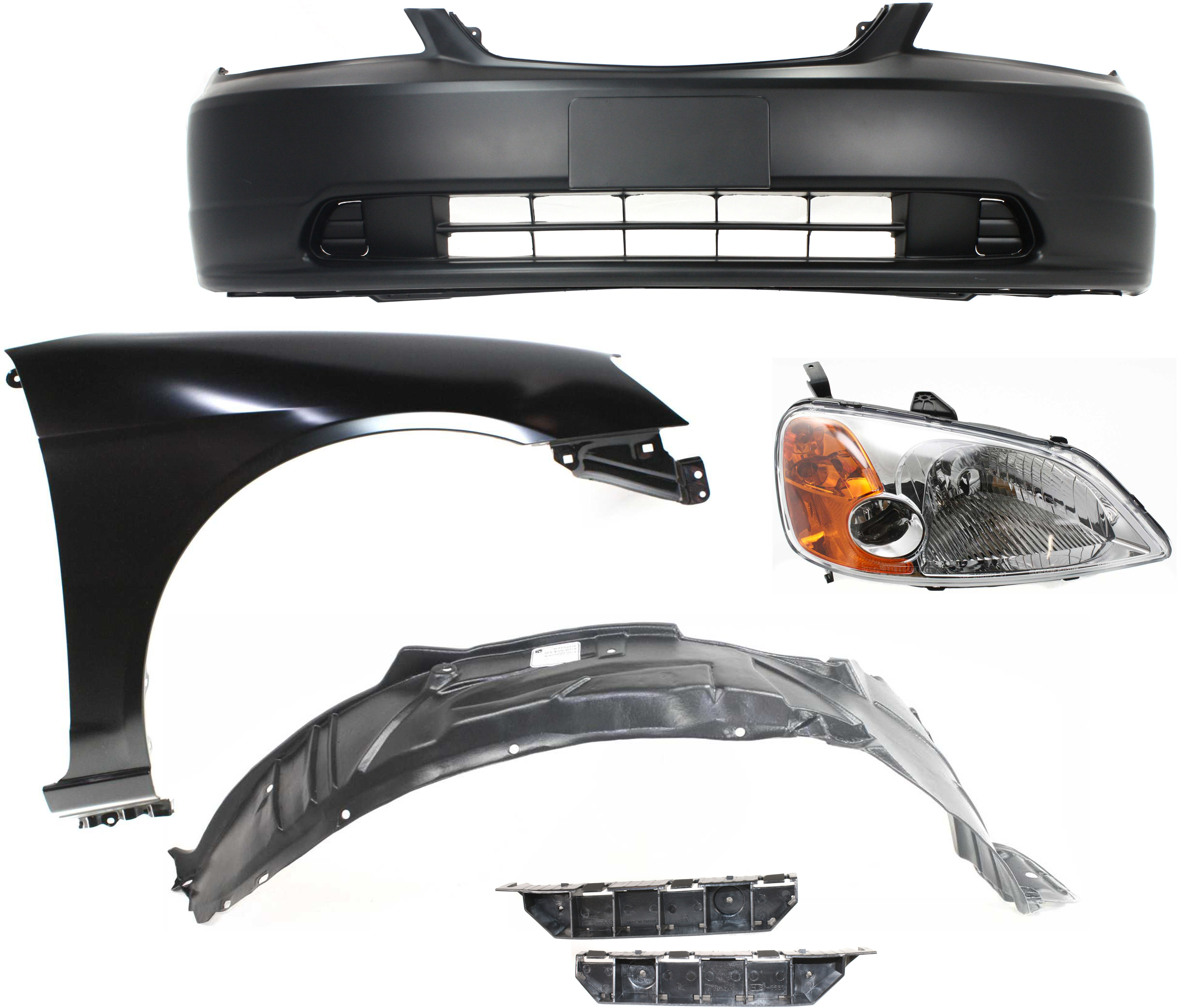 AM CIVIC 01-03 HEAD LAMP RH Assembly Halogen 6 pc Kit with Bumper Brackets Bumper Cover Fender and Fender Liner SKU KIT 061017-49 Partslink HO1067114 HO1066114 HO1000197 HO1241153 HO1249109 OEM 33101S5AA01 PFM 71193S5A000-71