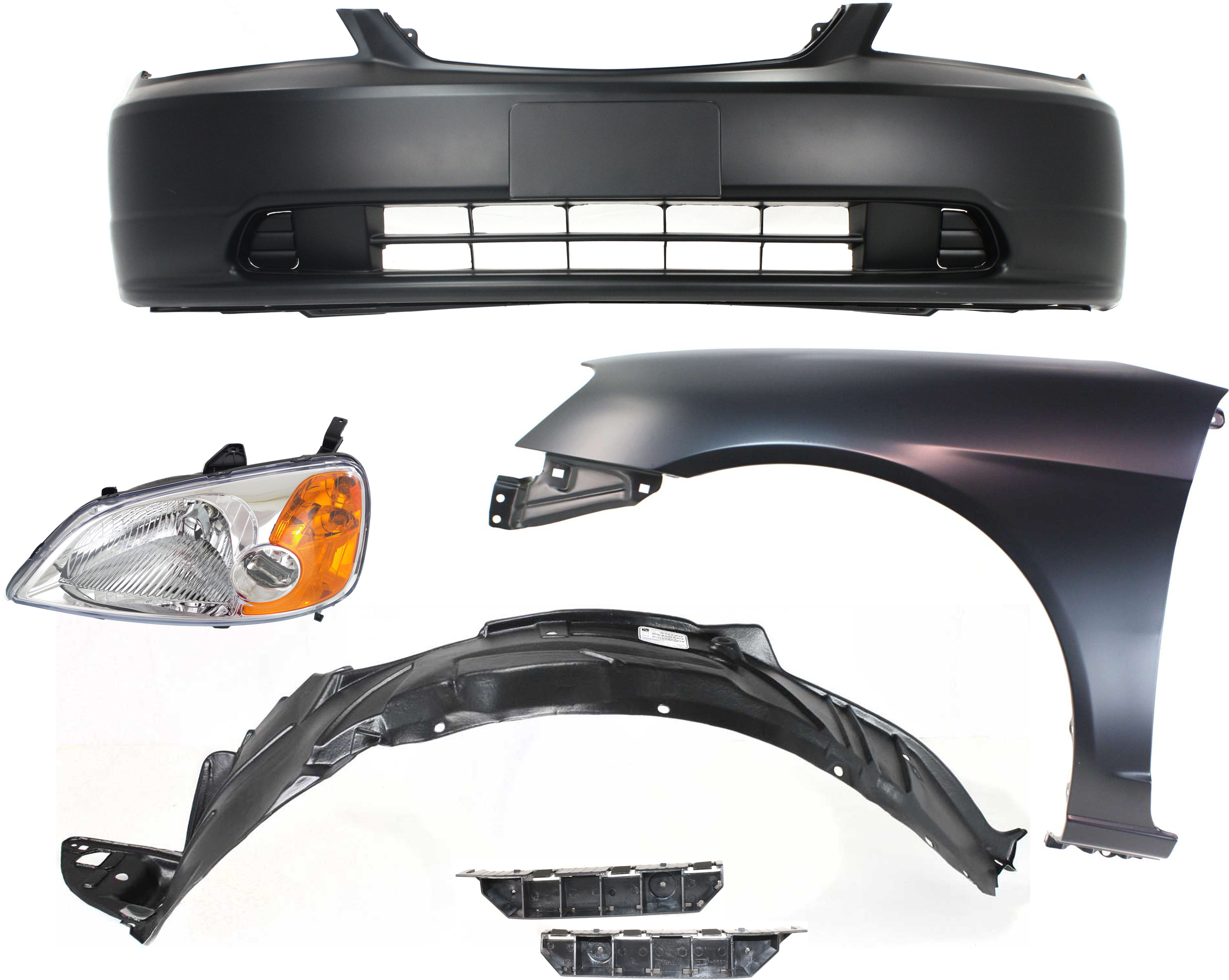 AM CIVIC 01-03 HEAD LAMP LH Assembly Halogen 6 pc Kit with Bumper Brackets Bumper Cover Fender and Fender Liner SKU KIT 061017-50 Partslink HO1067114 HO1066114 HO1000197 HO1240153 HO1248109 OEM 33151S5AA01 PFM 71193S5A000-71