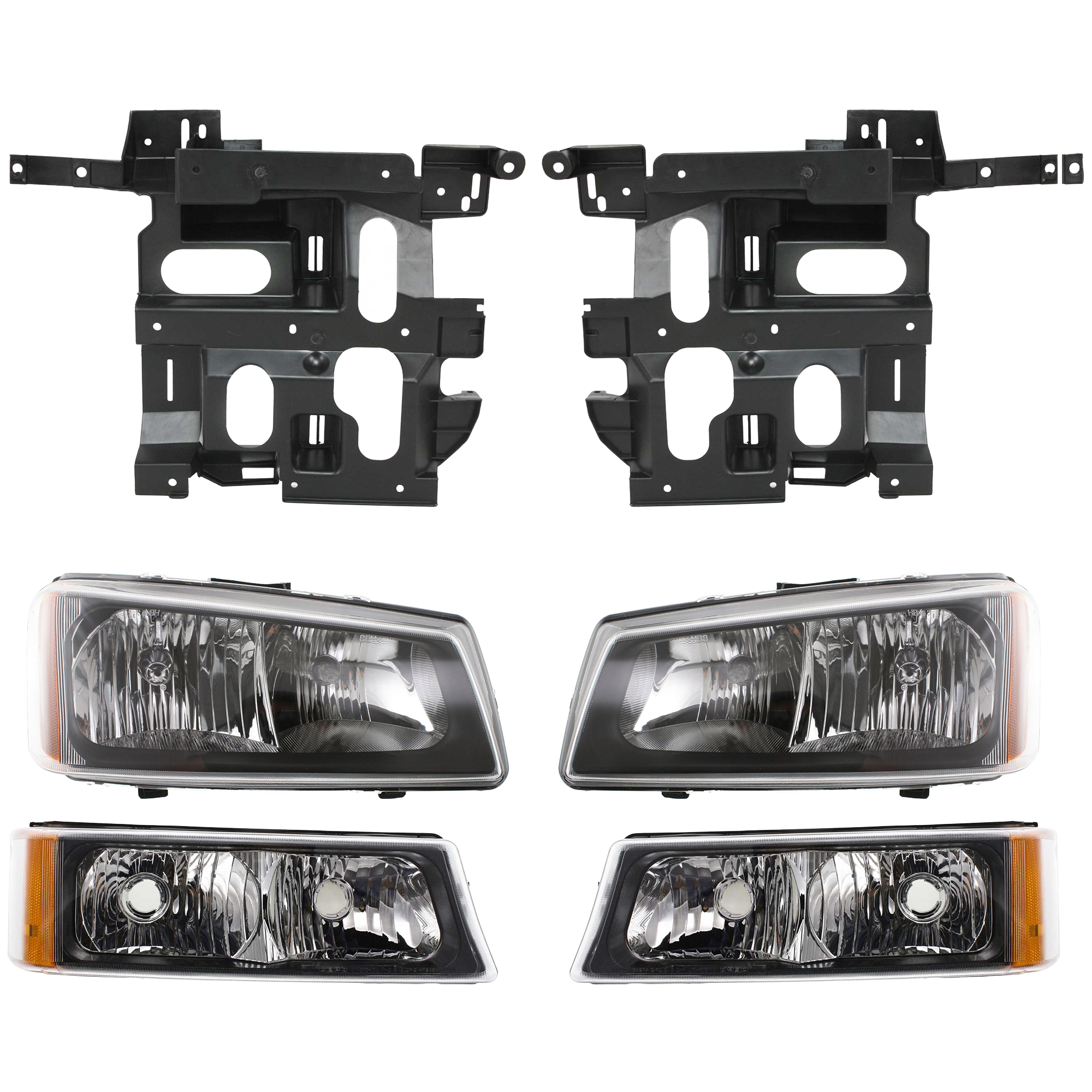AM SILVERADO 03-07 HEAD LAMP RH AND LH 6 pc Kit Assembly Halogen with Headlight Brackets and Turn Signal Lights SKU KIT 061117-19 Partslink GM2502257 GM2503257 GM1221131 GM1221130 GM2521185 GM2520185 OEM 10396913-10396912-15798922-157