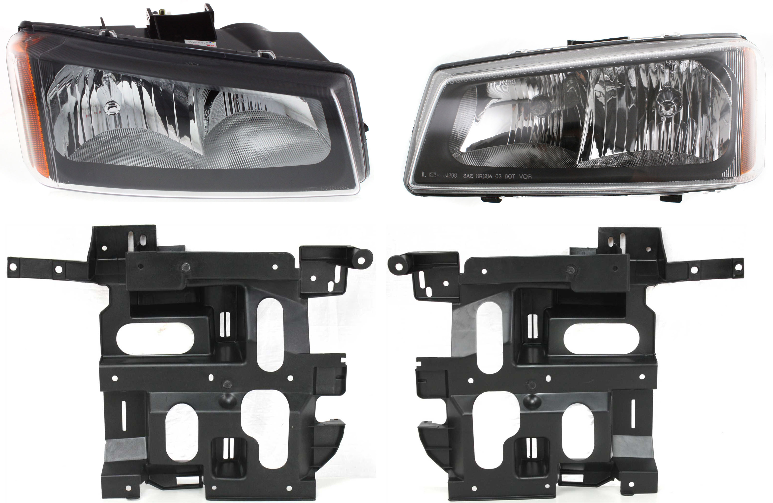 AM SILVERADO 03-07 HEAD LAMP RH AND LH 4 pc Kit Assembly Halogen with Headlight Brackets SKU KIT 061117-20 Partslink GM2502257 GM2503257 GM1221131 GM1221130 OEM 10396913-10396912-15798922-157