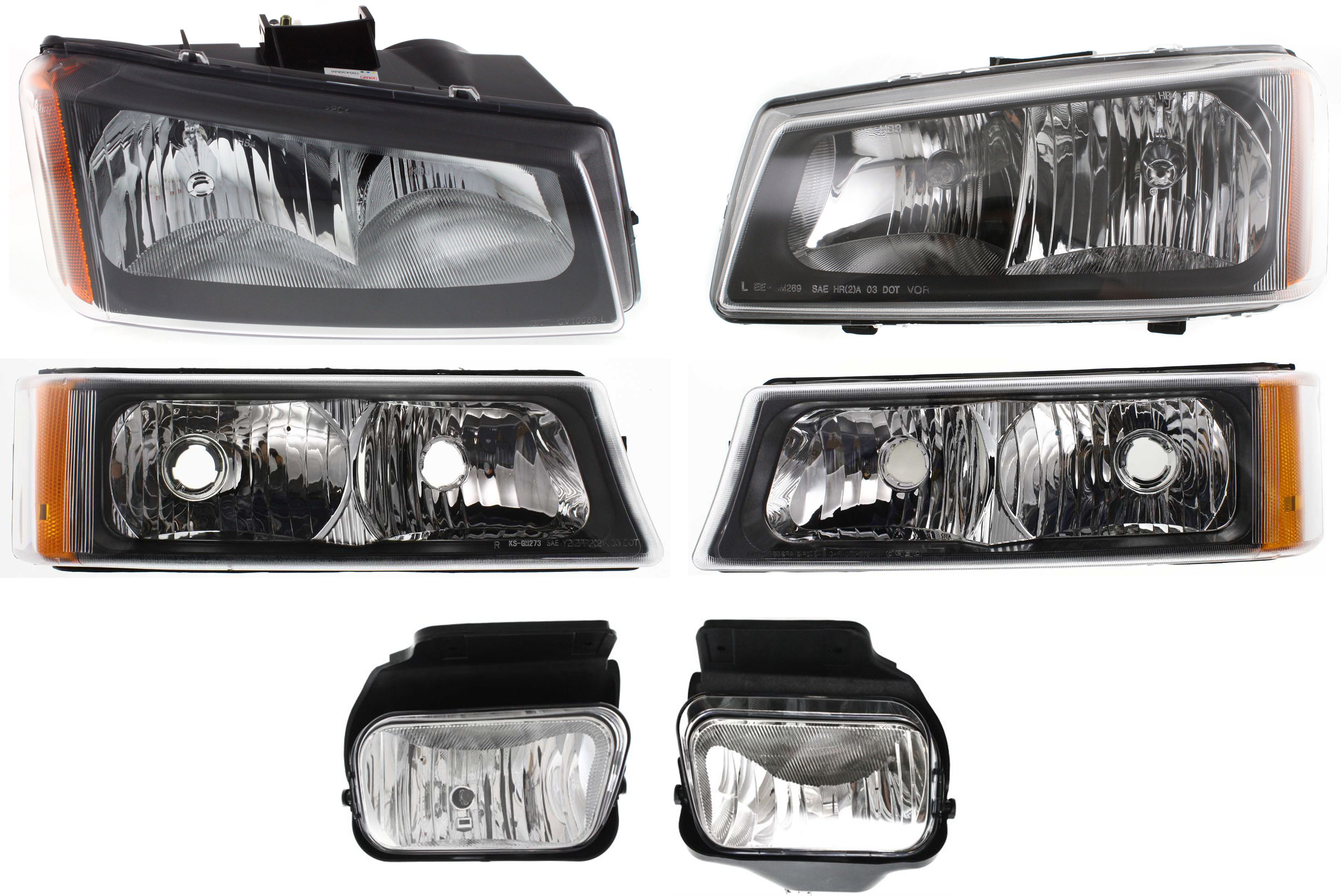 AM SILVERADO 04-07 HEAD LAMP RH AND LH Assembly Halogen 6 pc Kit with Fog Lights and Turn Signal Lights SKU KIT 061117-42 Partslink GM2502257 GM2503257 GM2593150 GM2592150 GM2521185 GM2520185 OEM 10396913-10396912-15791434-157